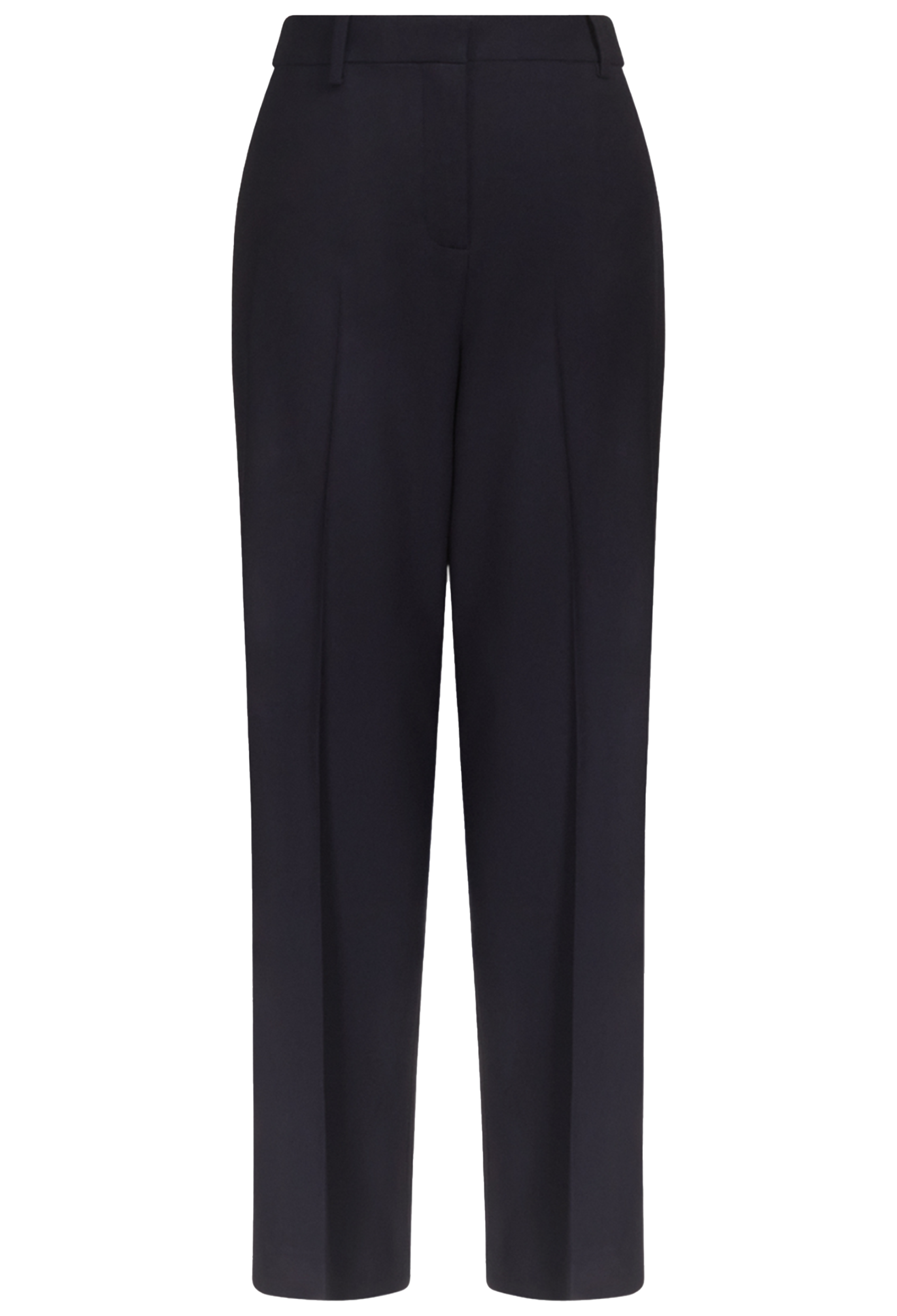 dark blue high-waisted cropped trousers with front pleats, shown against a plain white background.