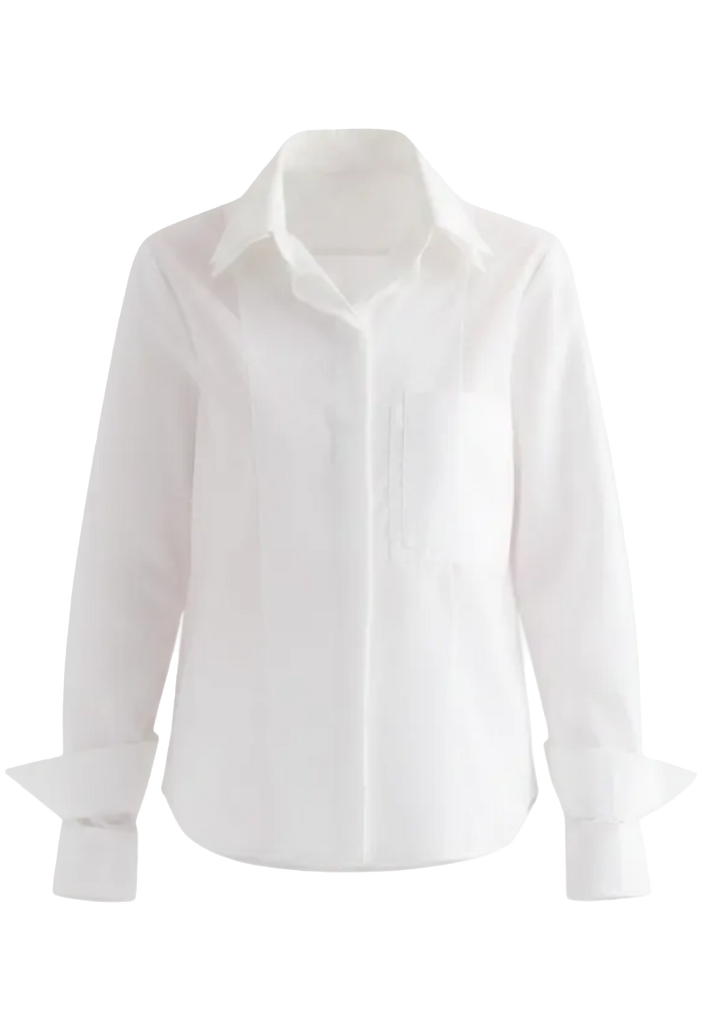 A white long-sleeve button-up shirt with a pointed collar, a chest pocket, and rolled cuffs, shown against a plain white background.
