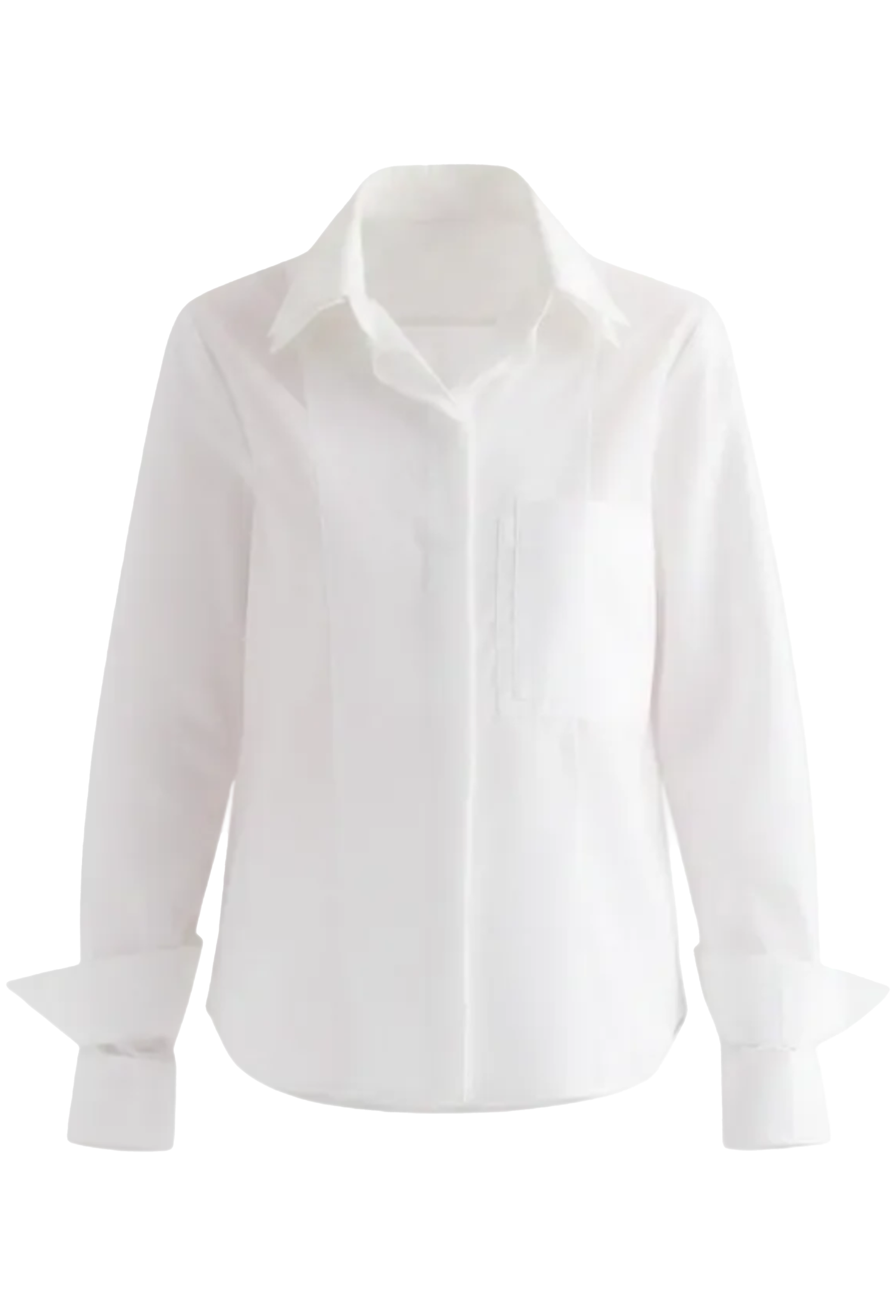 A white long-sleeve button-up shirt with a pointed collar, a chest pocket, and rolled cuffs, shown against a plain white background.