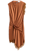 A sleeveless draped dress in warm rust-brown satin with lace trim along the edges, shown against a plain white background.