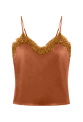 A rust-colored satin camisole top with gold lace trim along the V-neckline and thin spaghetti straps, shown against a plain white background.