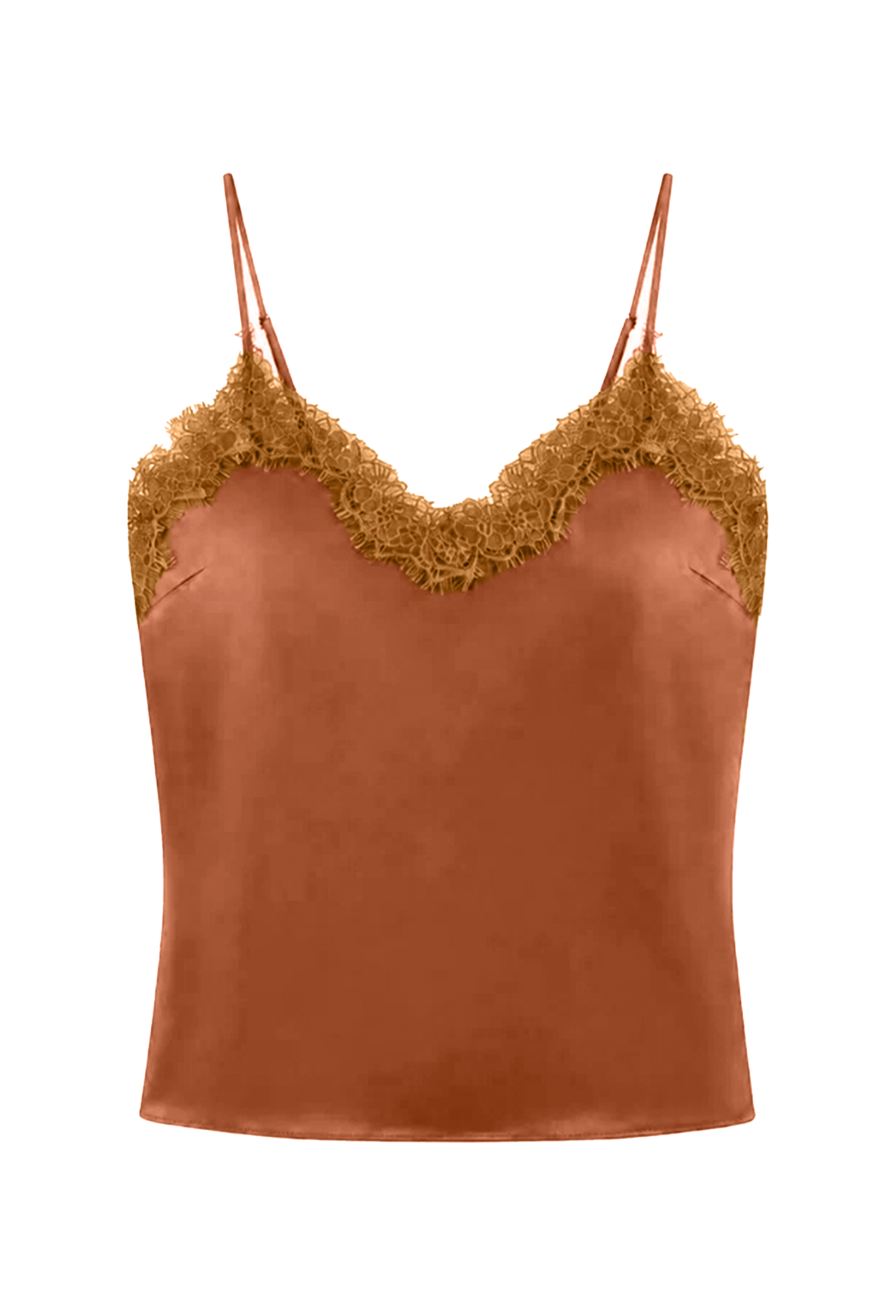 A rust-colored satin camisole top with gold lace trim along the V-neckline and thin spaghetti straps, shown against a plain white background.