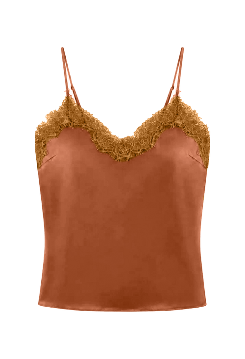 A rust-colored satin camisole top with gold lace trim along the V-neckline and thin spaghetti straps, shown against a plain white background.