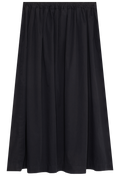 A black midi skirt with an elastic waistband, shown flat against a solid white background.