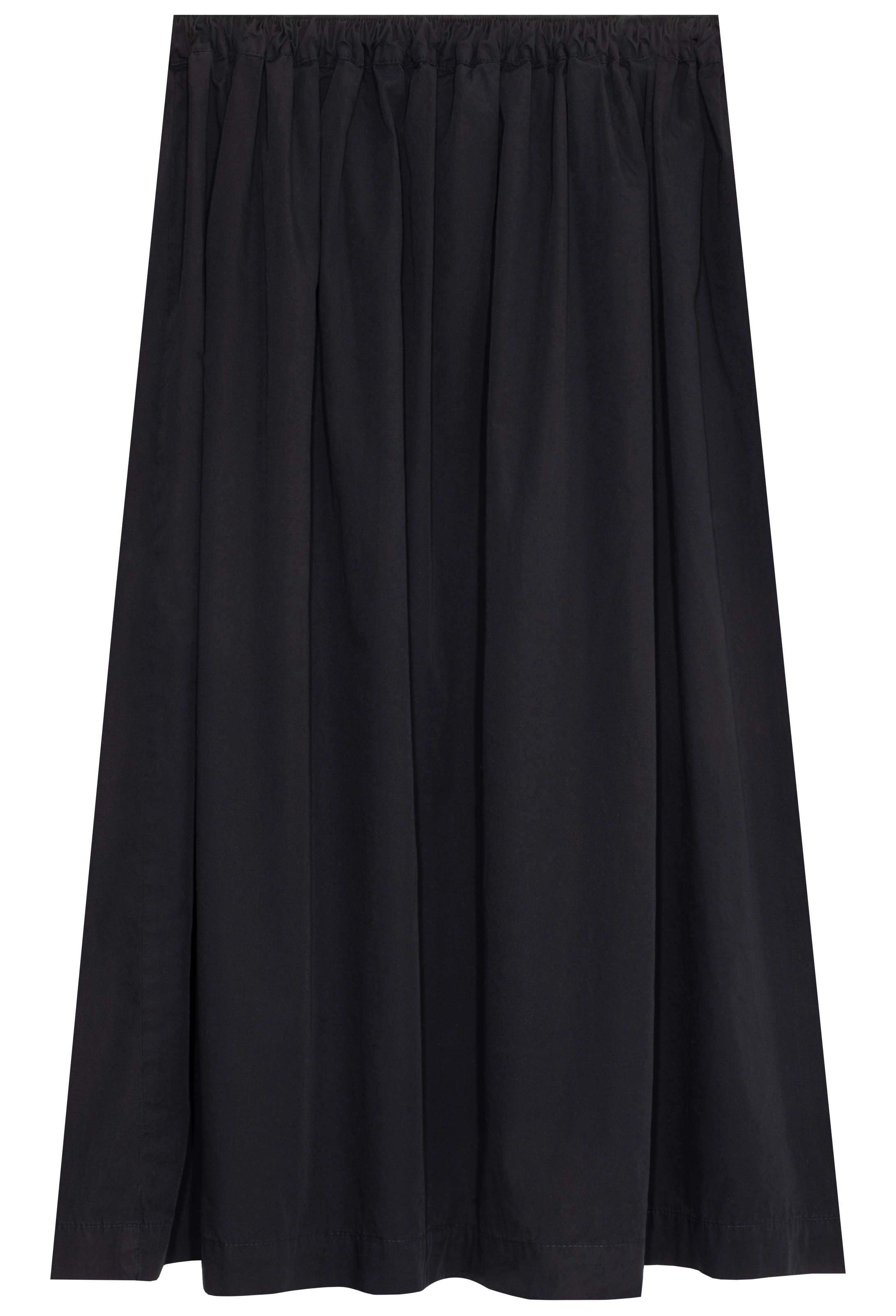 A black midi skirt with an elastic waistband, shown flat against a solid white background.