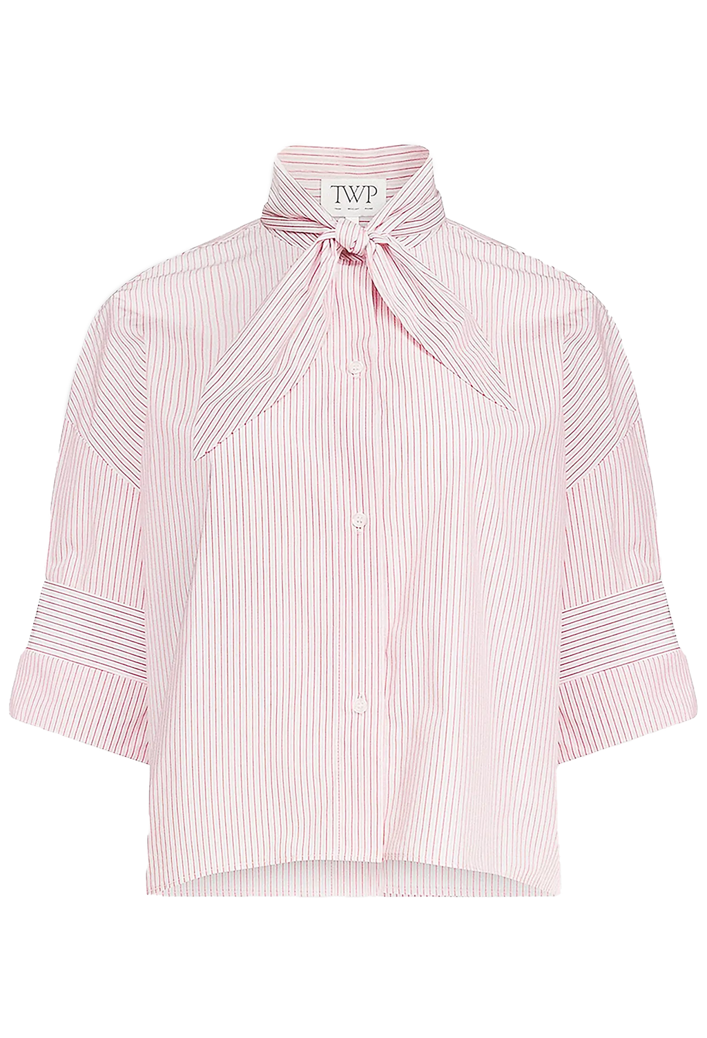 A red and white vertically striped button-down shirt with a tie-neck collar, 3/4 sleeves, and cuffed sleeves, shown flat on a white background. The brand label 'TWP' is visible inside the collar.