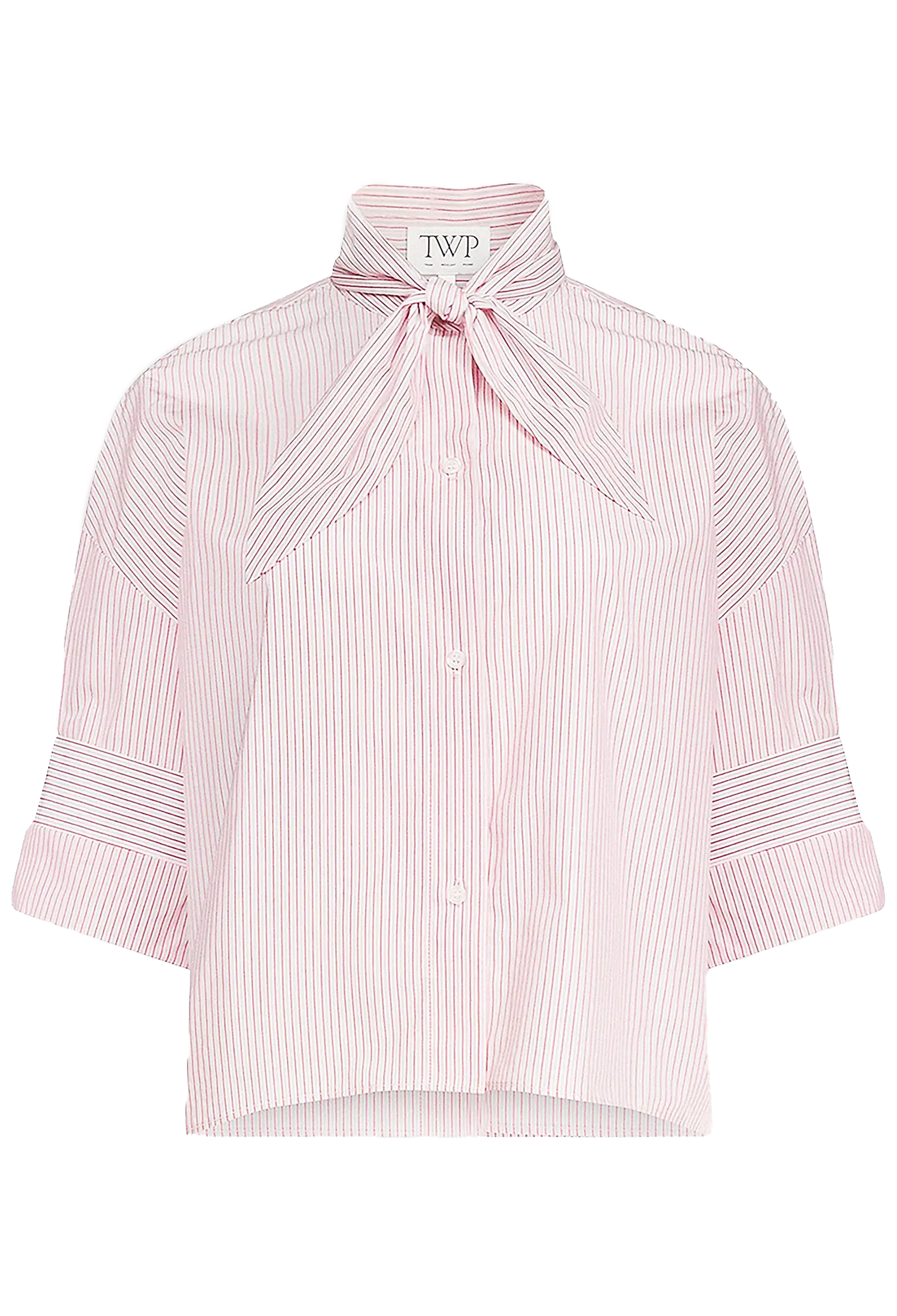 A red and white vertically striped button-down shirt with a tie-neck collar, 3/4 sleeves, and cuffed sleeves, shown flat on a white background. The brand label 'TWP' is visible inside the collar.