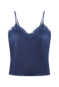 A navy blue satin camisole top with delicate lace trim along the V-neckline and thin spaghetti straps, shown against a plain white background.