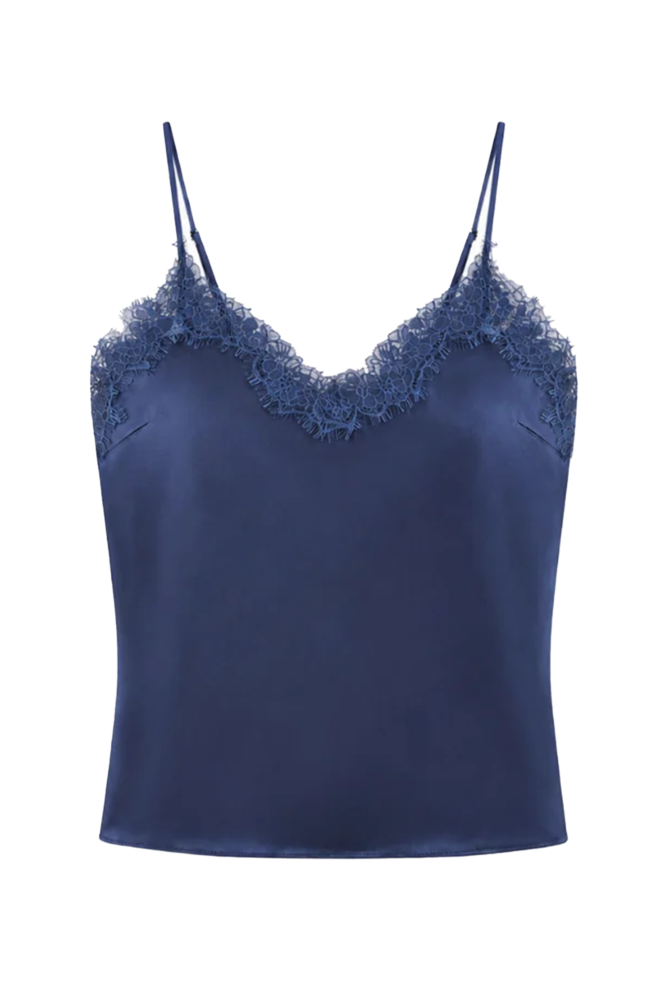 A navy blue satin camisole top with delicate lace trim along the V-neckline and thin spaghetti straps, shown against a plain white background.