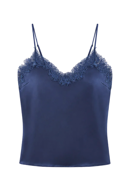 A navy blue satin camisole top with delicate lace trim along the V-neckline and thin spaghetti straps, shown against a plain white background.