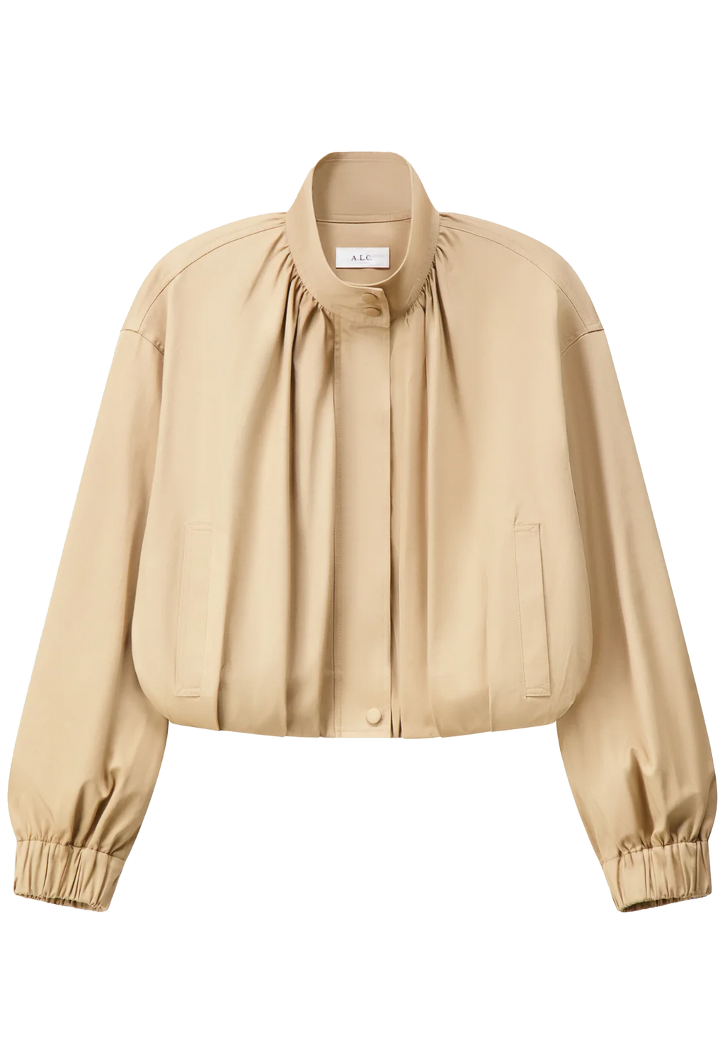 A cropped beige jacket with a gathered high collar, front button closure, and elasticized cuffs, shown on a plain white background.