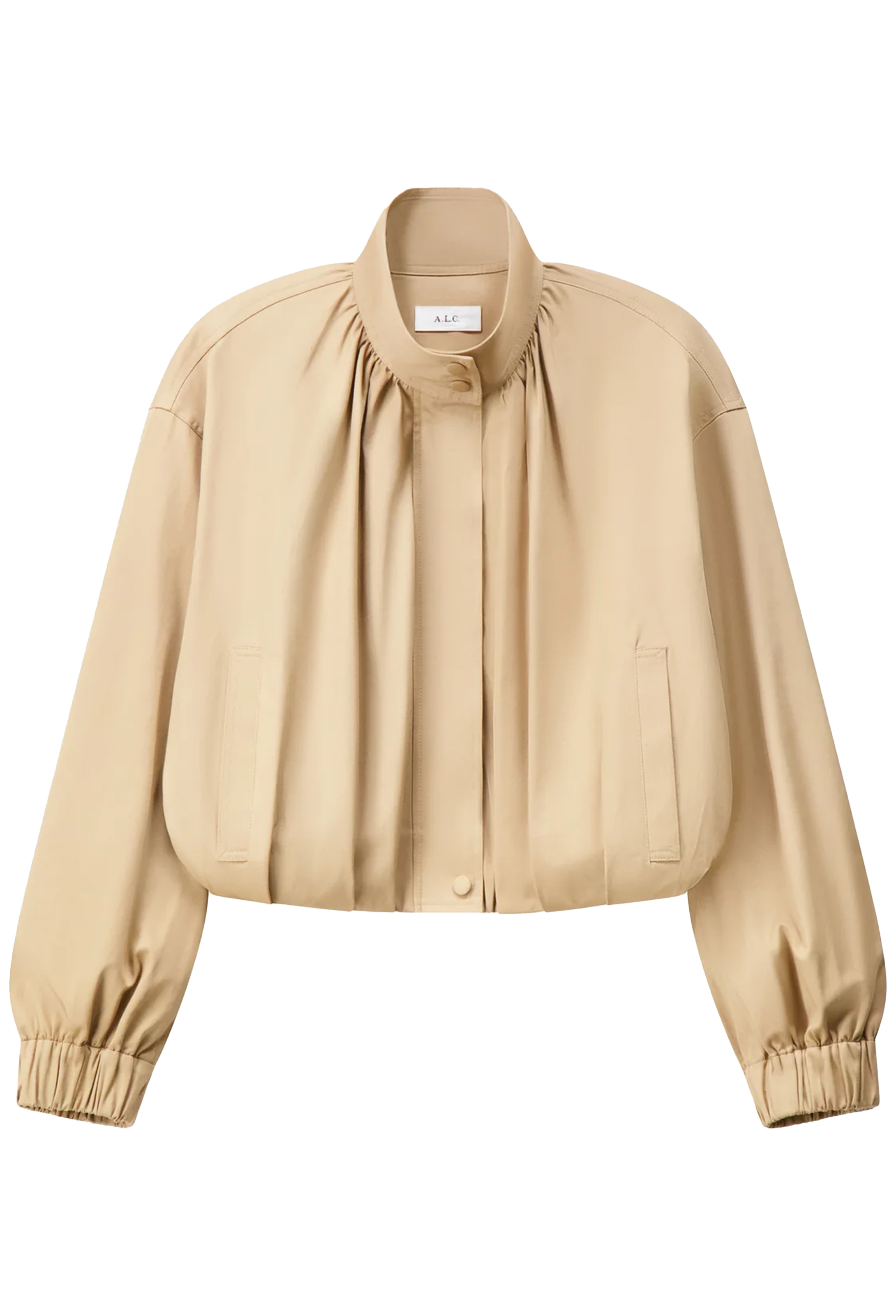 A cropped beige jacket with a gathered high collar, front button closure, and elasticized cuffs, shown on a plain white background.