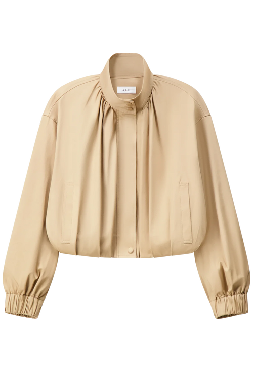 A cropped beige jacket with a gathered high collar, front button closure, and elasticized cuffs, shown on a plain white background.