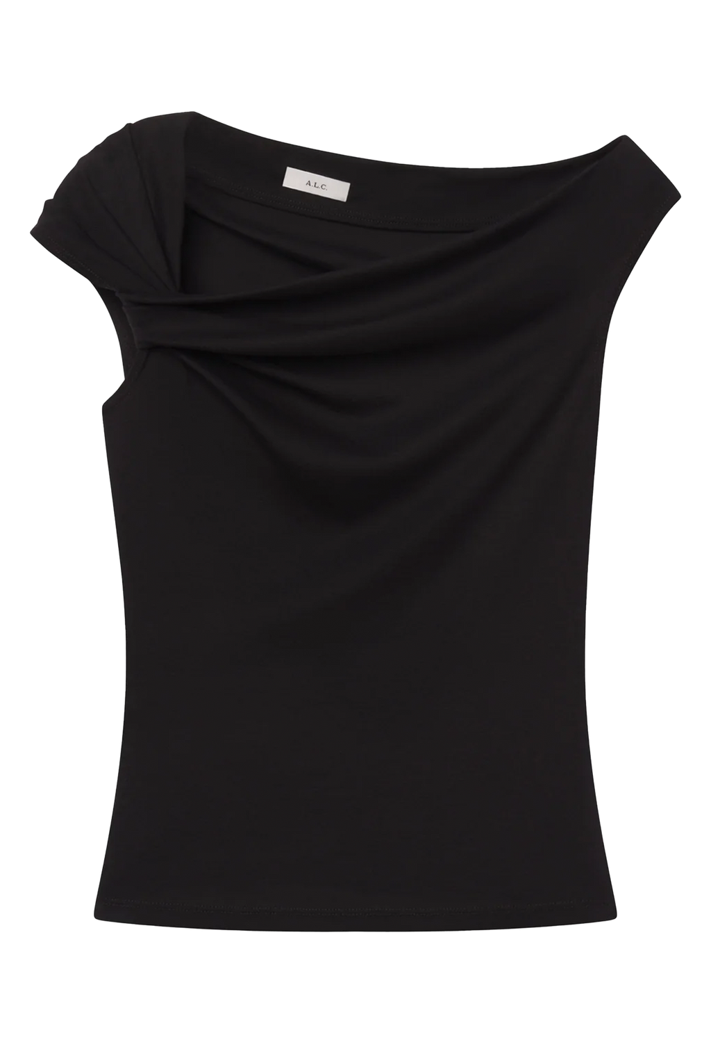 A black women's top with a draped, asymmetrical neckline and cap sleeves, shown against a plain white background.