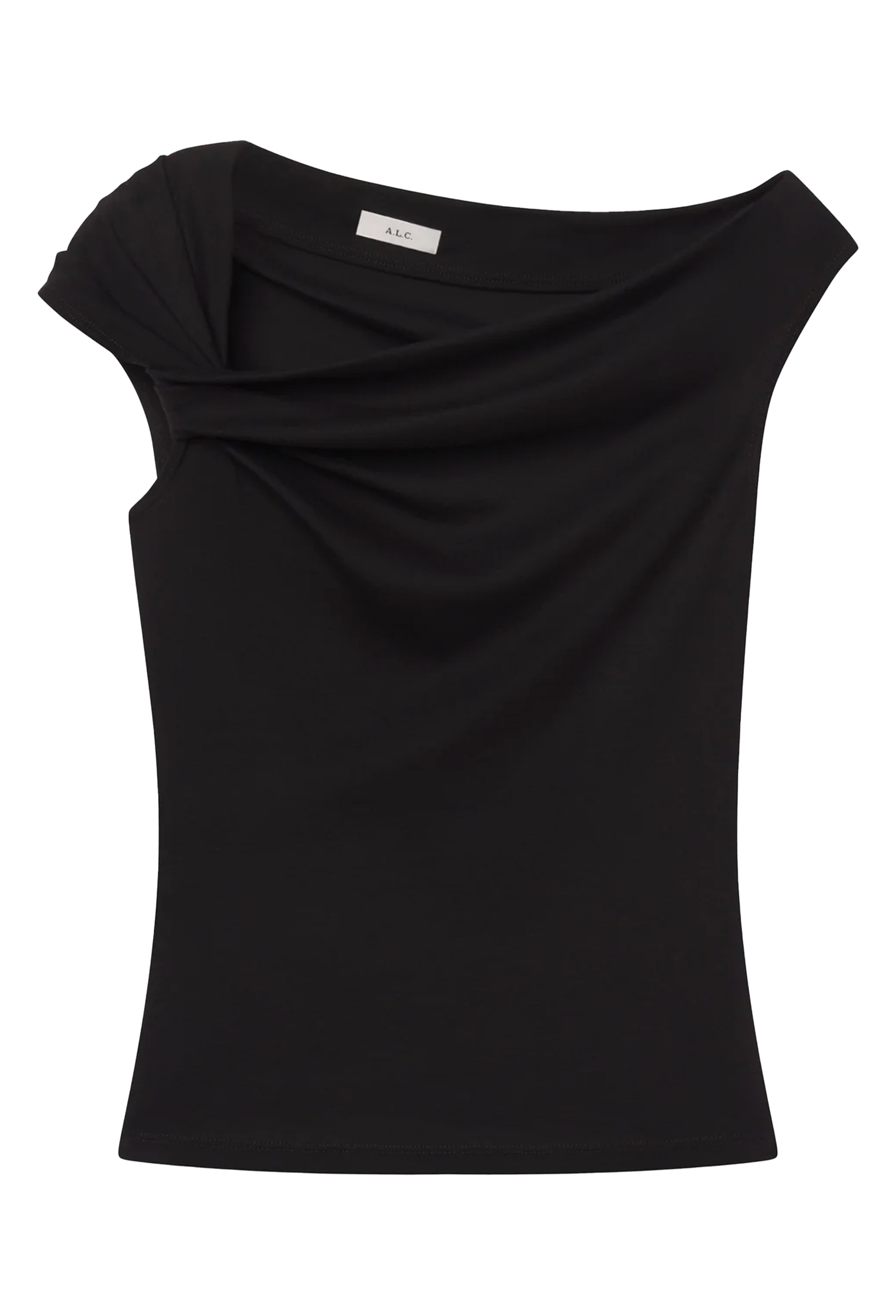 A black women's top with a draped, asymmetrical neckline and cap sleeves, shown against a plain white background.