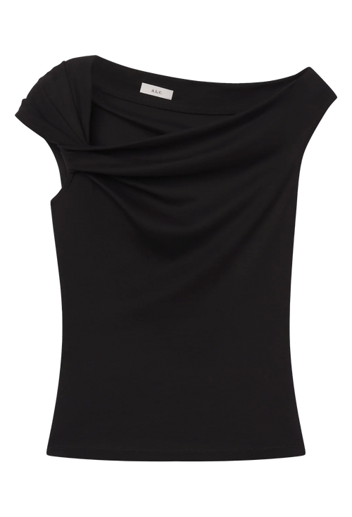 A black women's top with a draped, asymmetrical neckline and cap sleeves, shown against a plain white background.