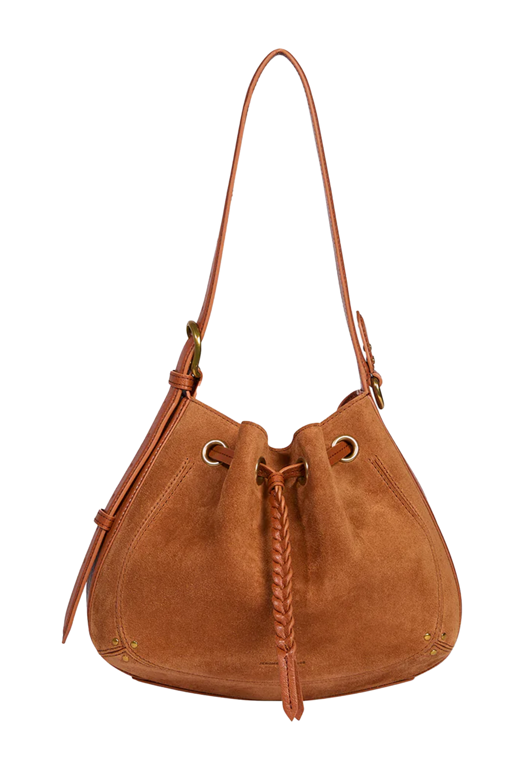 A tan suede drawstring bucket bag with a single shoulder strap, gold-tone hardware, and a braided leather tassel, shown against a plain white background.