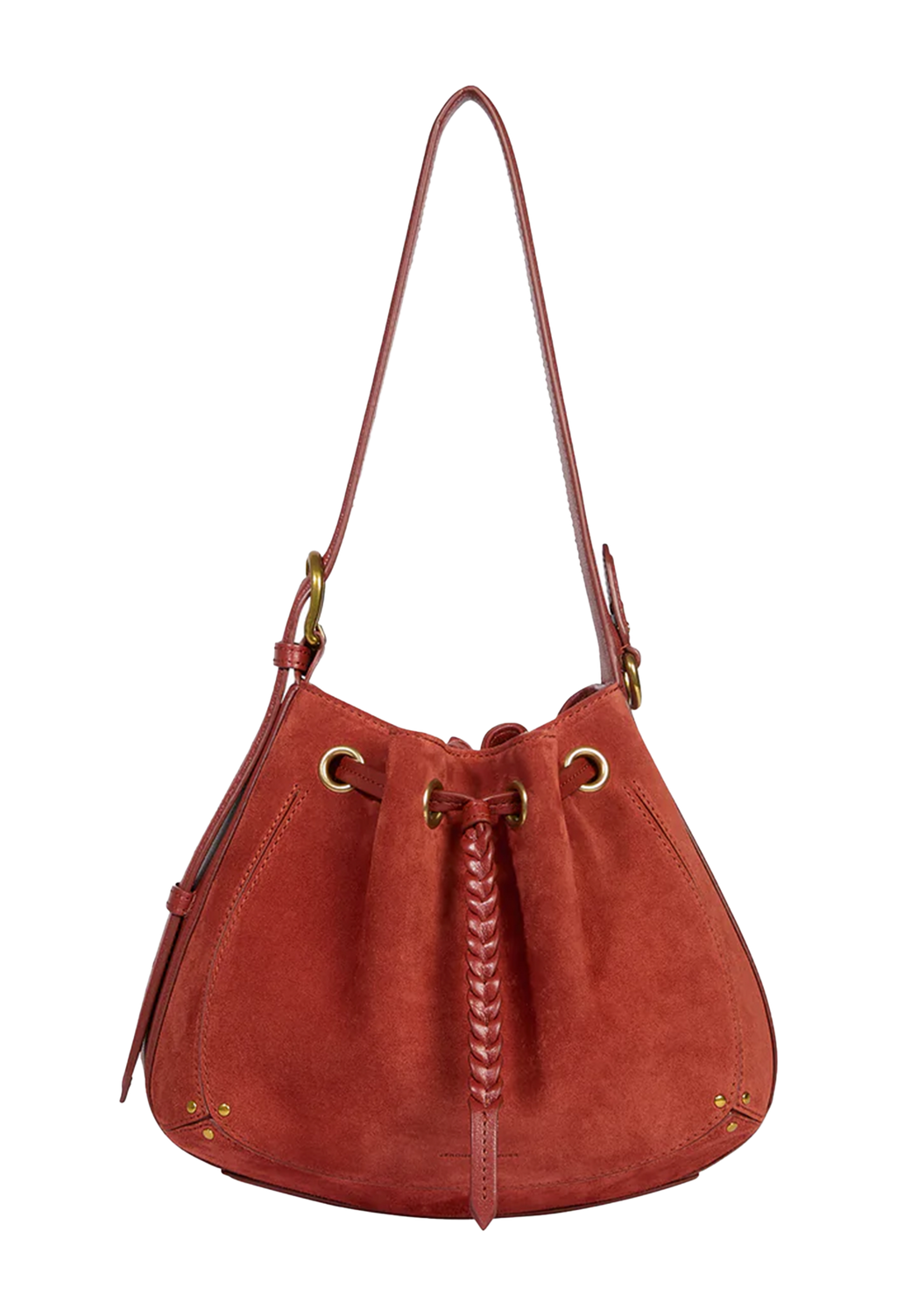 A terracotta red suede bucket bag with a braided drawstring closure, gold-tone metal grommets, and a single shoulder strap, shown against a plain white background.