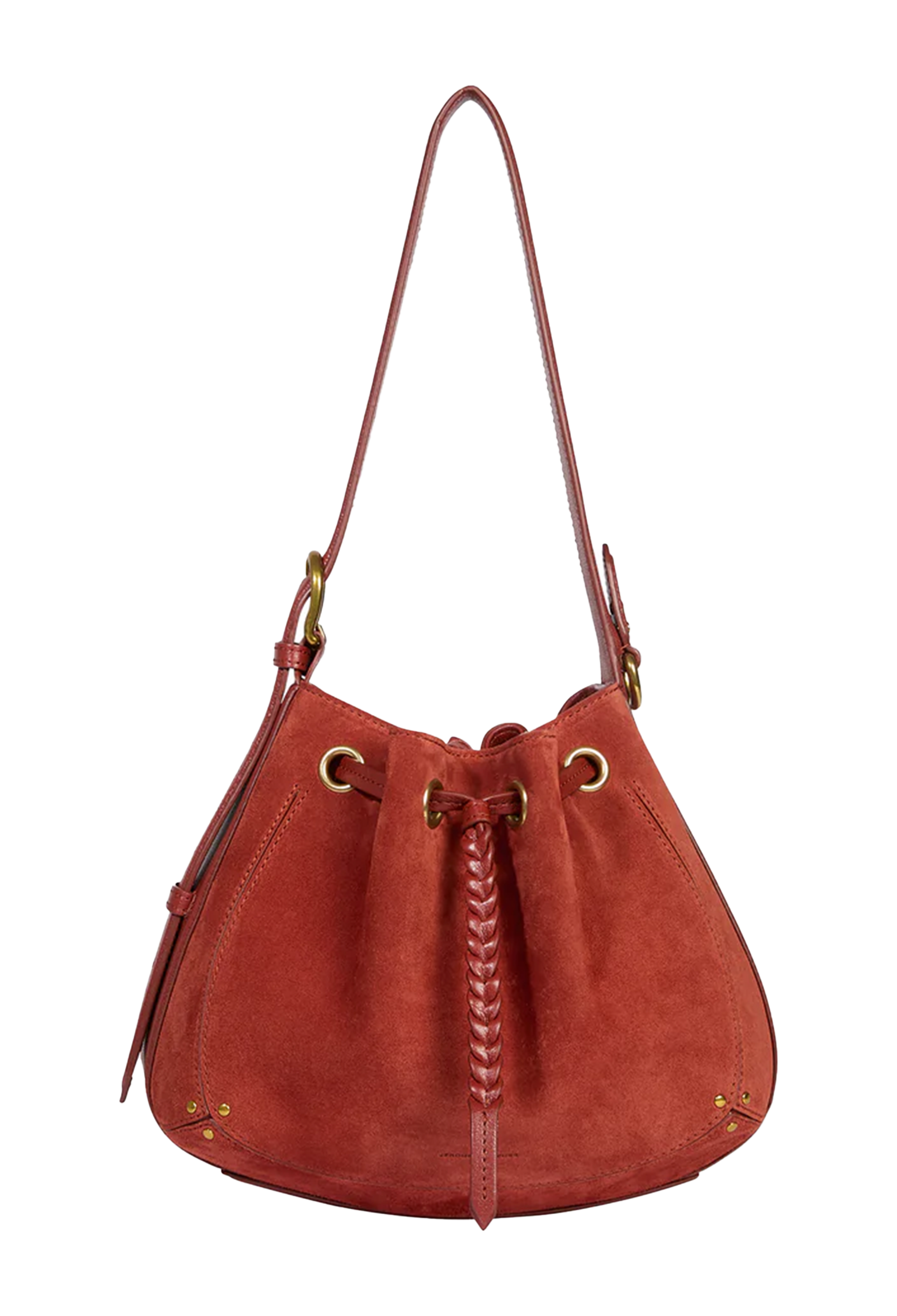 A terracotta red suede bucket bag with a braided drawstring closure, gold-tone metal grommets, and a single shoulder strap, shown against a plain white background.