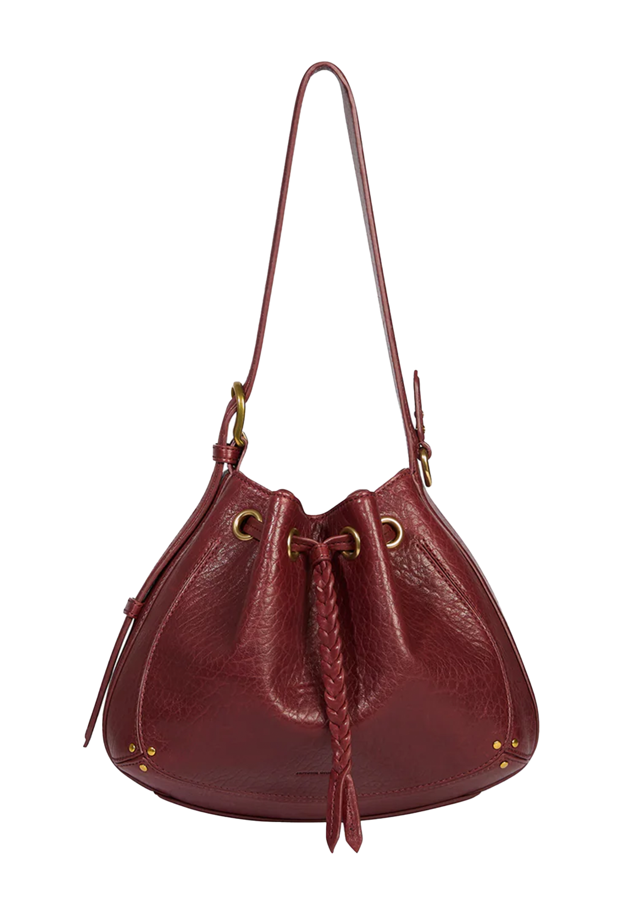 A burgundy pebbled leather bucket bag with a braided leather tassel, gold-tone hardware, and a single shoulder strap, shown against a plain white background.