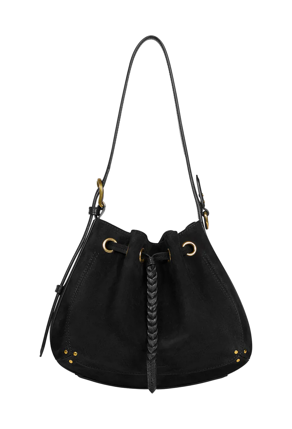 A black suede bucket bag with a braided leather drawstring, gold-tone metal hardware, and a single shoulder strap, shown against a plain white background.