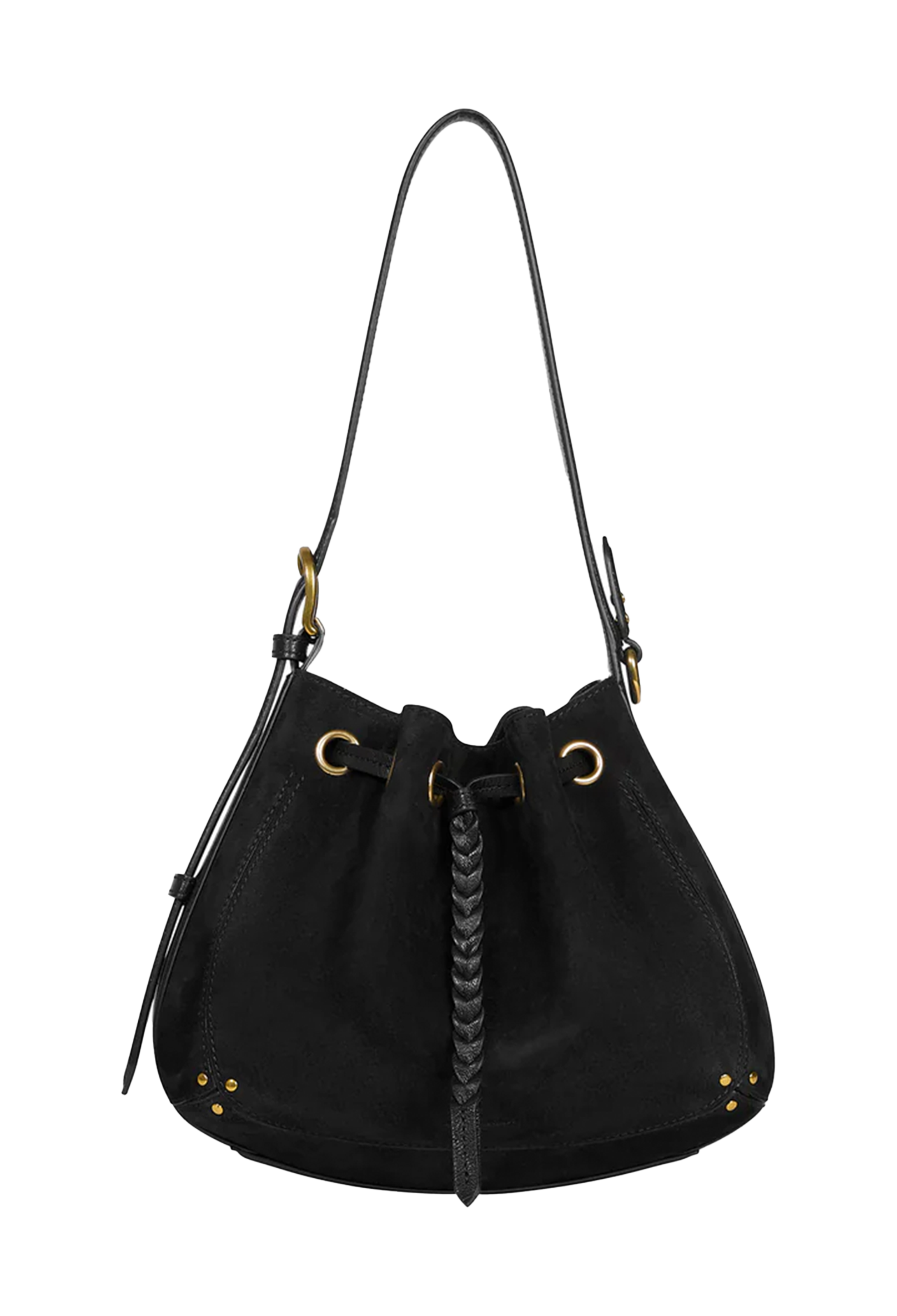 A black suede bucket bag with a braided leather drawstring, gold-tone metal hardware, and a single shoulder strap, shown against a plain white background.