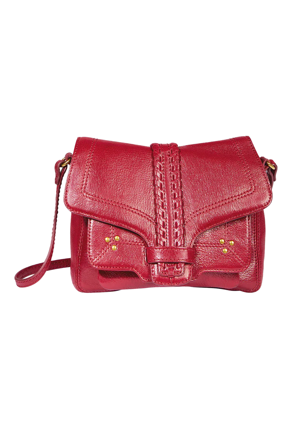 A red leather crossbody handbag with a front flap, decorative stitching, and small gold-tone studs, shown on a plain white background.