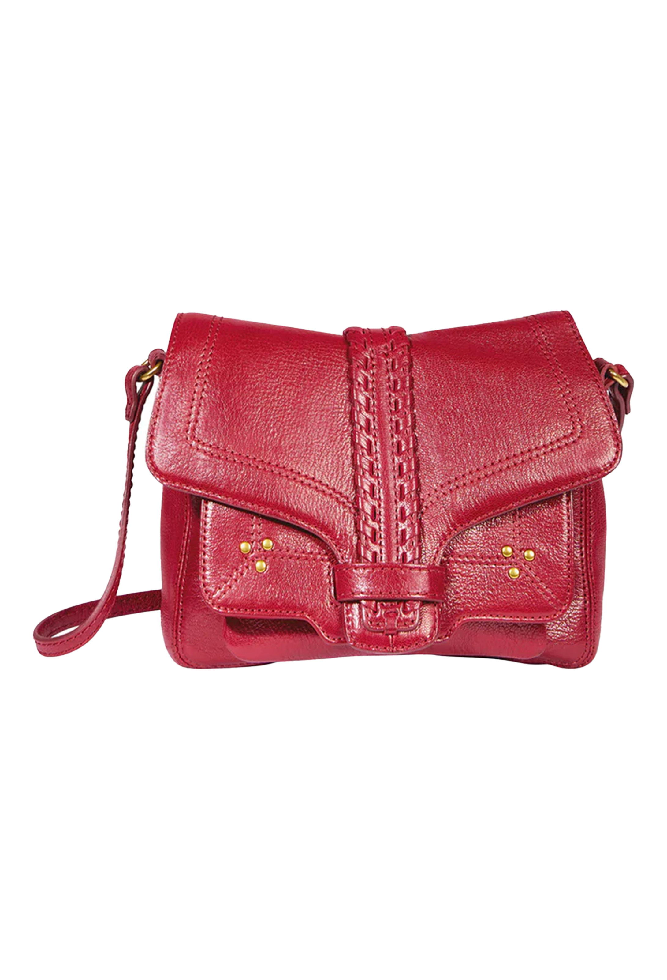 A red leather crossbody handbag with a front flap, decorative stitching, and small gold-tone studs, shown on a plain white background.