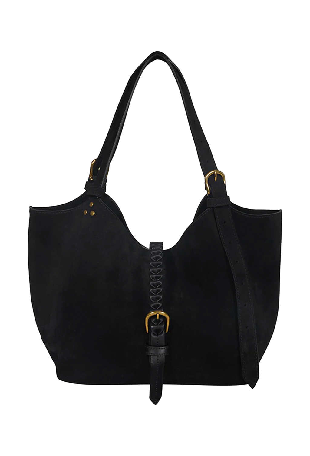 A black suede hobo-style shoulder bag with gold-tone hardware, featuring a central braided strap detail and a hanging buckle tab, shown against a plain white background.
