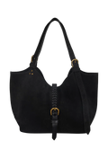 A black suede hobo-style shoulder bag with gold-tone hardware, featuring a central braided strap detail and a hanging buckle tab, shown against a plain white background.