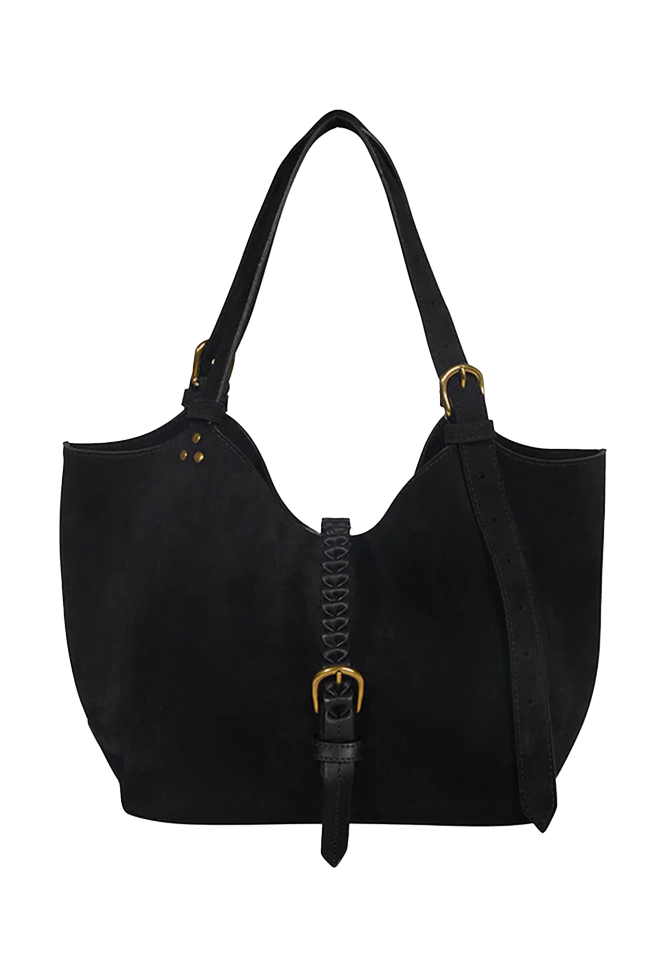 A black suede hobo-style shoulder bag with gold-tone hardware, featuring a central braided strap detail and a hanging buckle tab, shown against a plain white background.