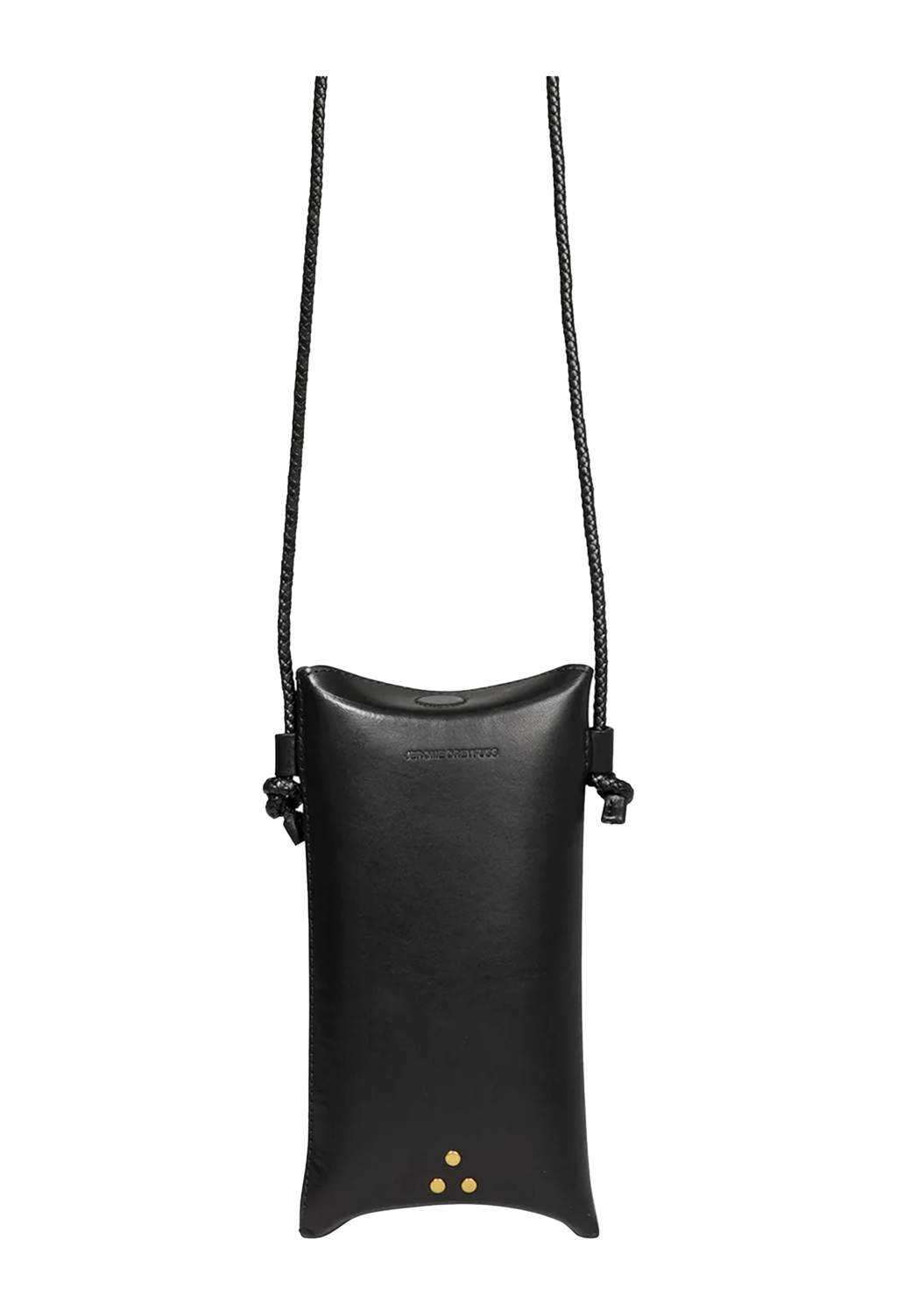 A black leather crossbody phone pouch with a curved top, a thin braided strap, and three small gold studs at the bottom, shown against a plain white background.