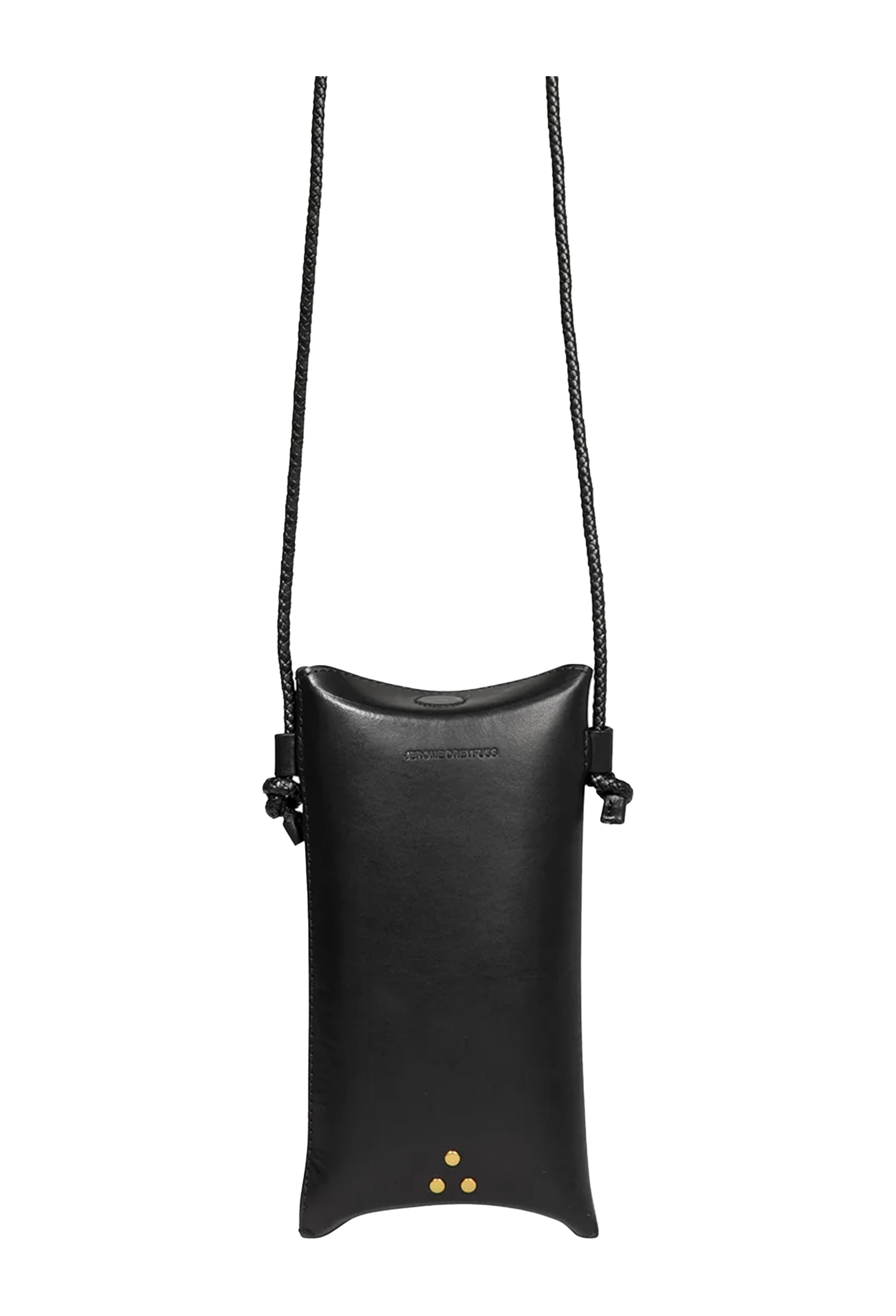 A black leather crossbody phone pouch with a curved top, a thin braided strap, and three small gold studs at the bottom, shown against a plain white background.