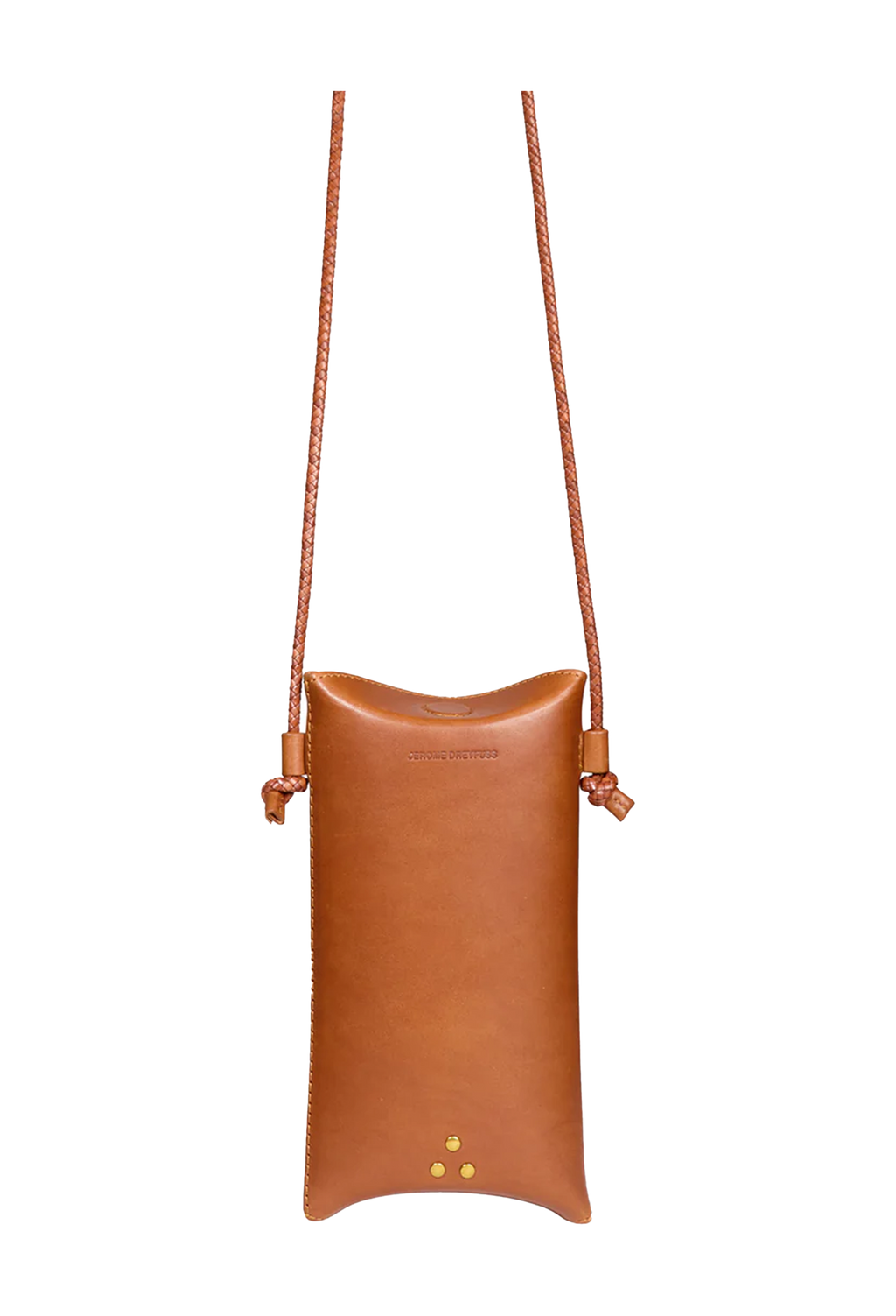 A tan leather crossbody phone pouch with a long adjustable strap, shown against a plain white background.