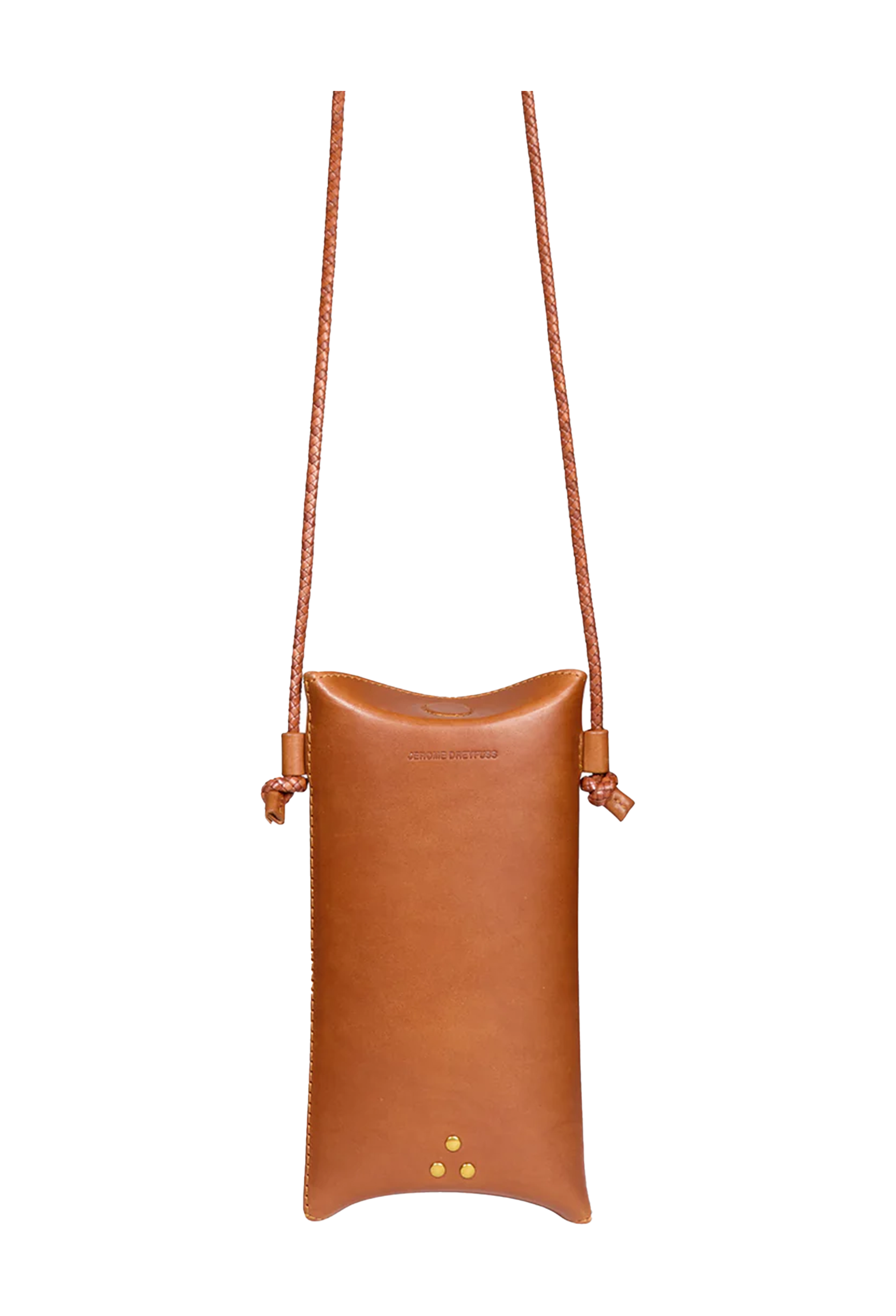 A tan leather crossbody phone pouch with a long adjustable strap, shown against a plain white background.