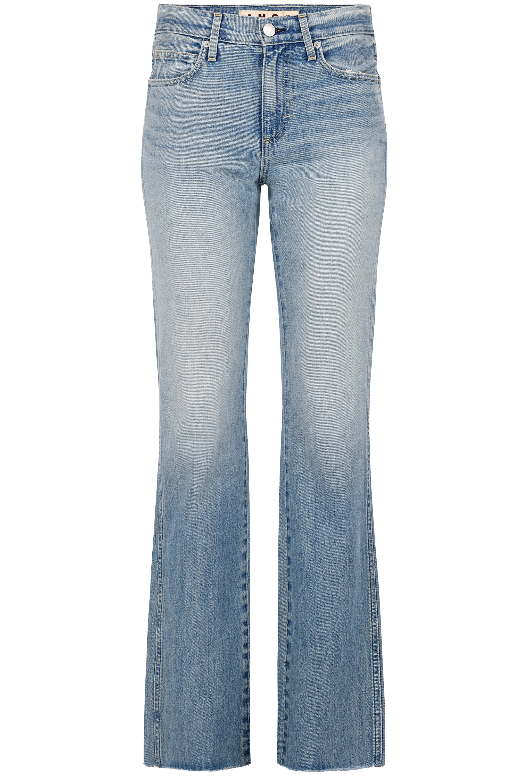 Light blue flare jeans with a faded wash and subtle side detailing, shown against a plain white background.