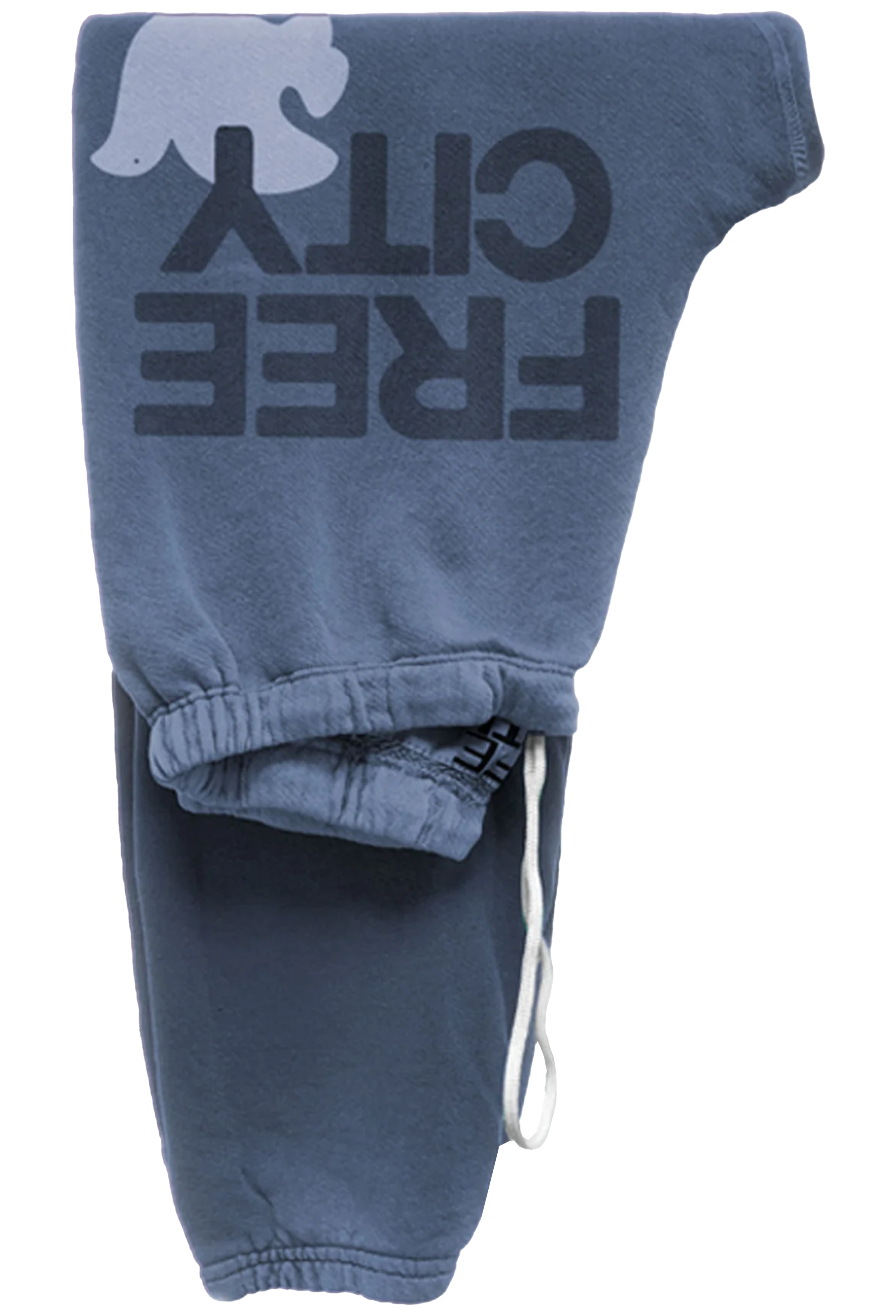A pair of faded blue sweatpants featuring a large dark gray 'FREE CITY' graphic and a white dove on the leg, with a white drawstring at the ankle.