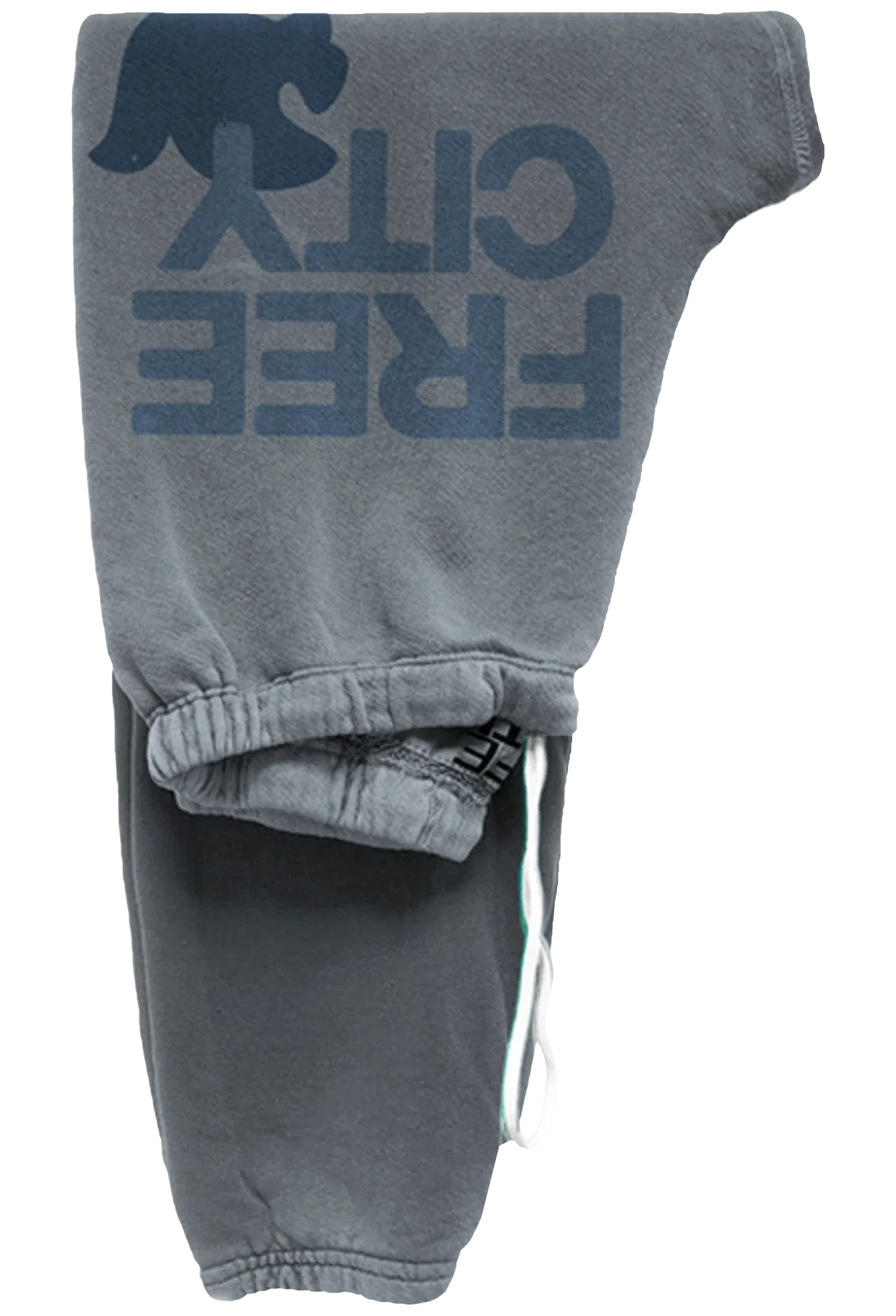 Gray sweatpants with a large dark blue 'FREE CITY' text and dove graphic printed on the upper leg, featuring an elastic waistband and drawstring.