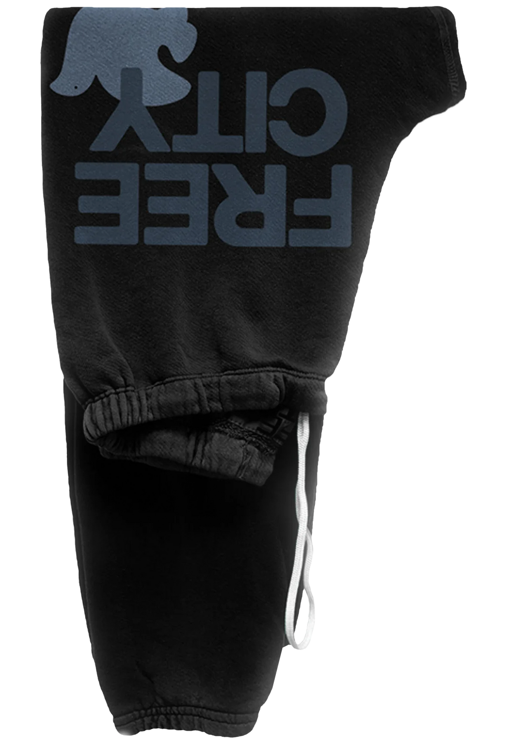 Black sweatpants featuring a large gray graphic print of FREE CITY with a dove silhouette above it, and a white drawstring at the ankle.