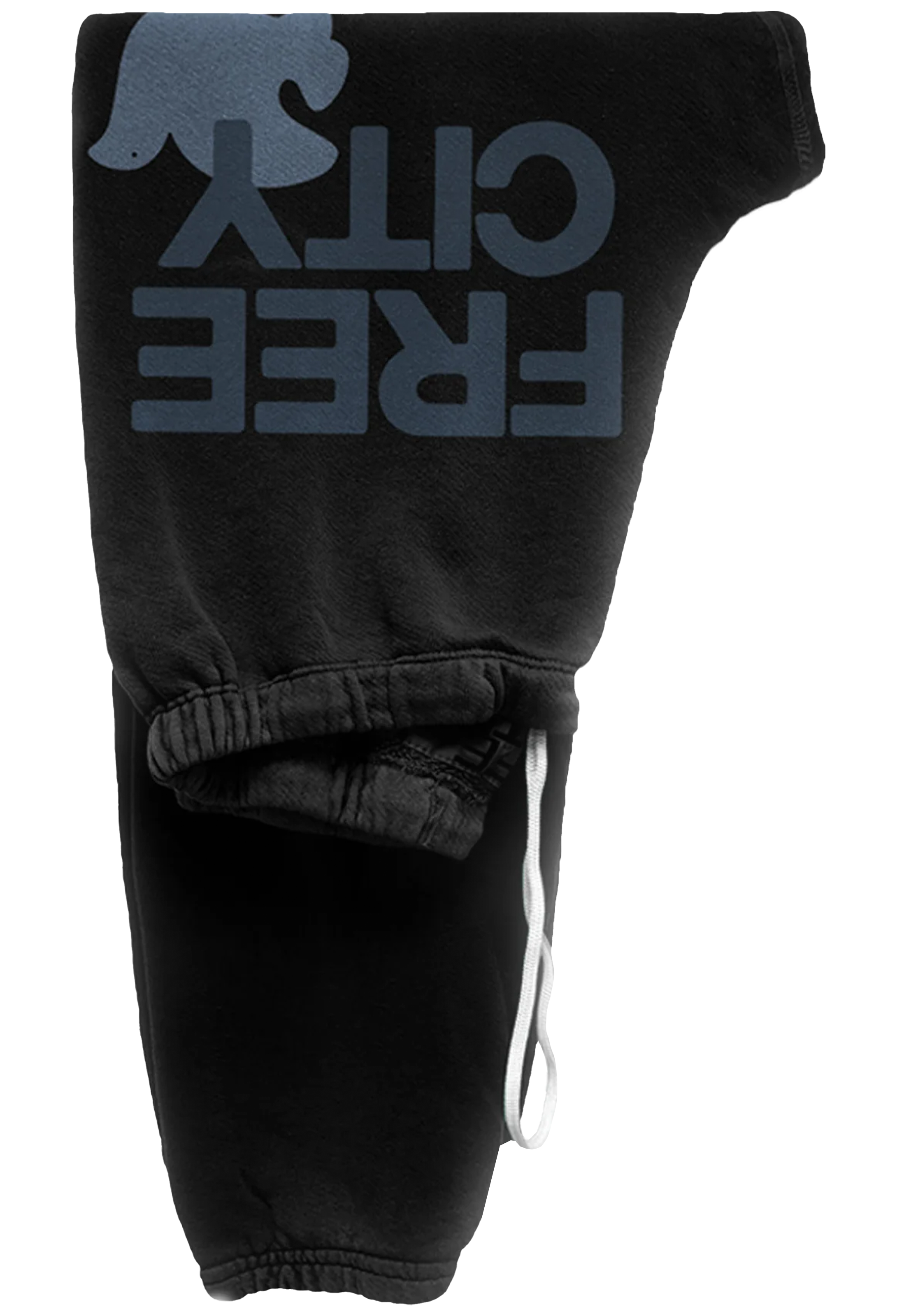 Black sweatpants featuring a large gray graphic print of FREE CITY with a dove silhouette above it, and a white drawstring at the ankle.