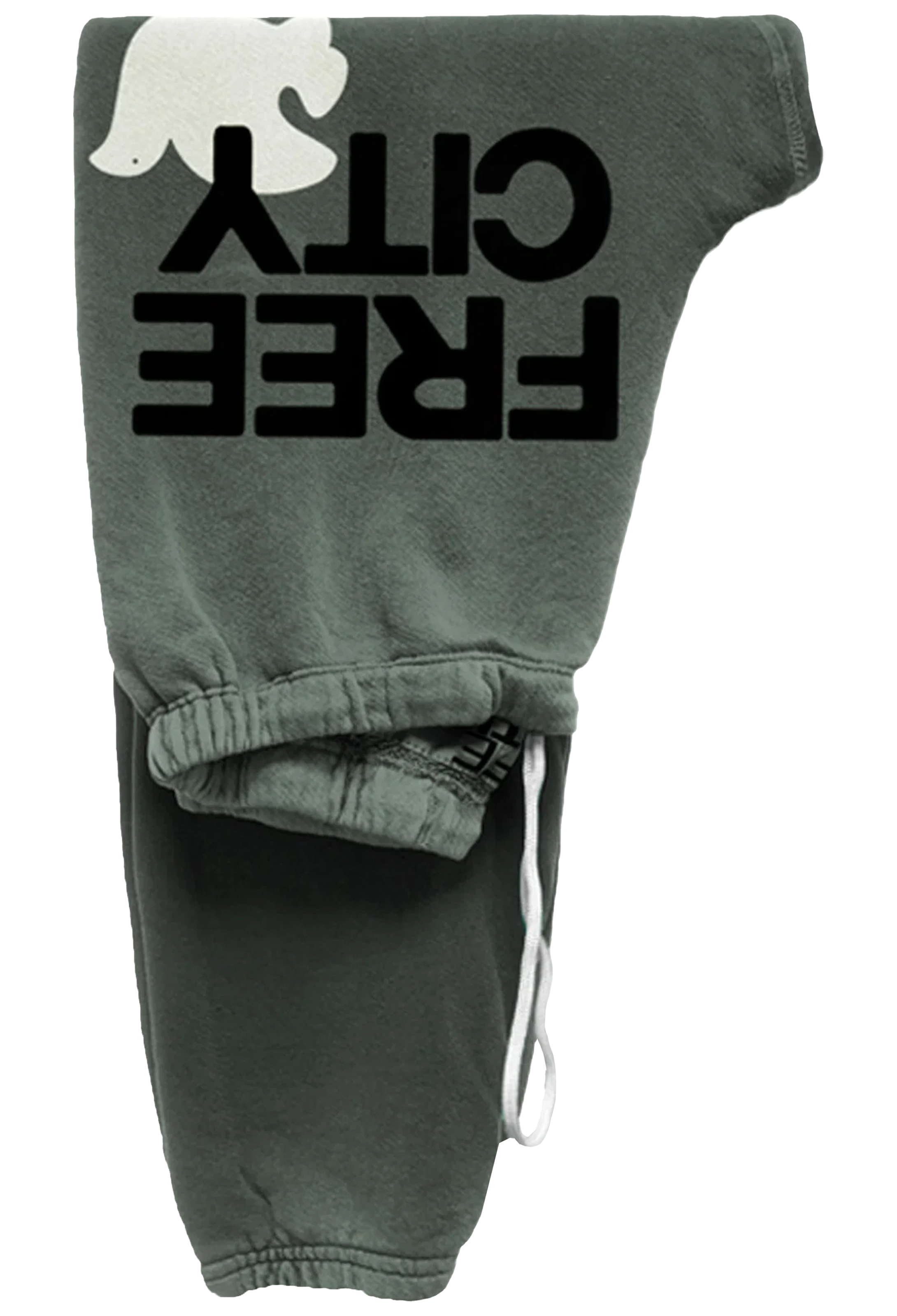 Dark olive green sweatpants featuring a large black 'FREE CITY' text graphic and a white dove logo on the upper leg, with a white drawstring at the ankle.