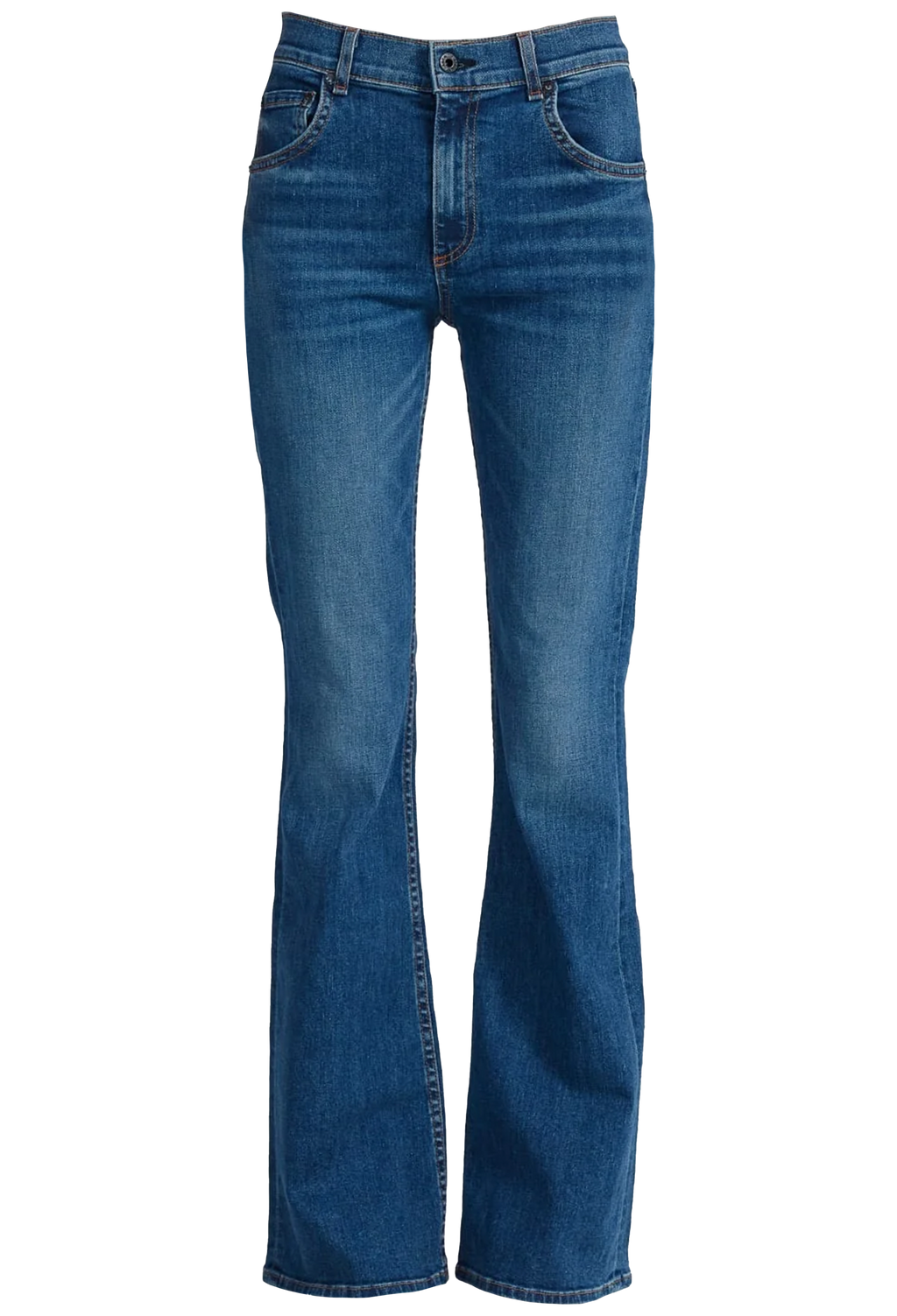 Medium wash blue denim flare jeans shown flat against a solid white background.
