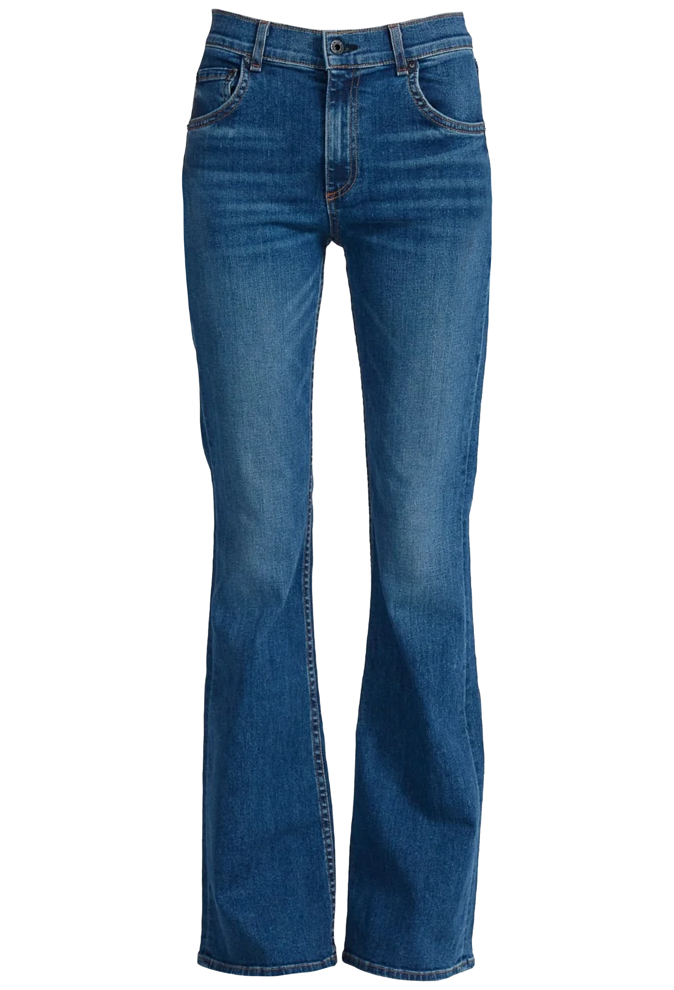 Medium wash blue denim flare jeans shown flat against a solid white background.