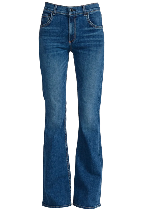 Medium wash blue denim flare jeans shown flat against a solid white background.