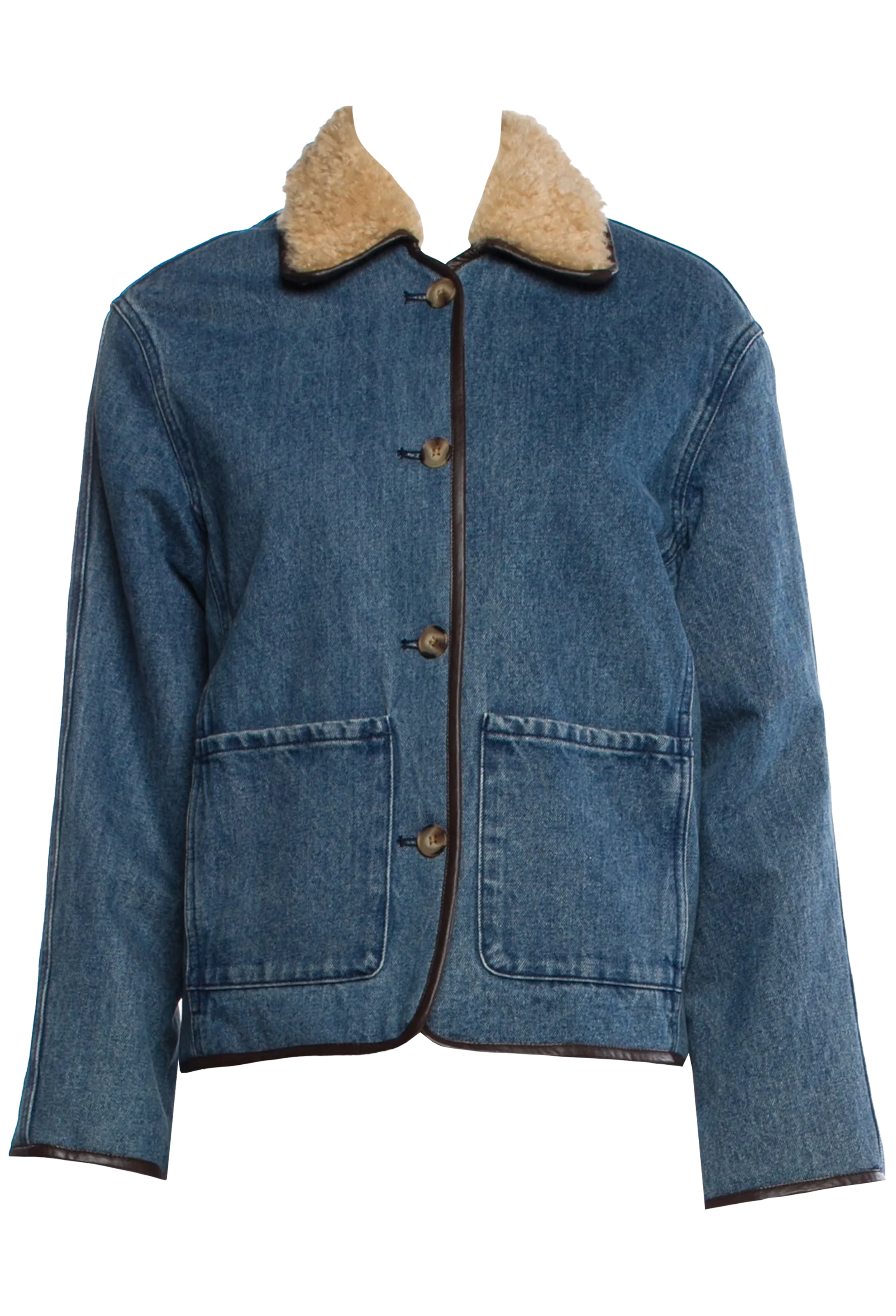 denim jacket with beige fur collar on a white background