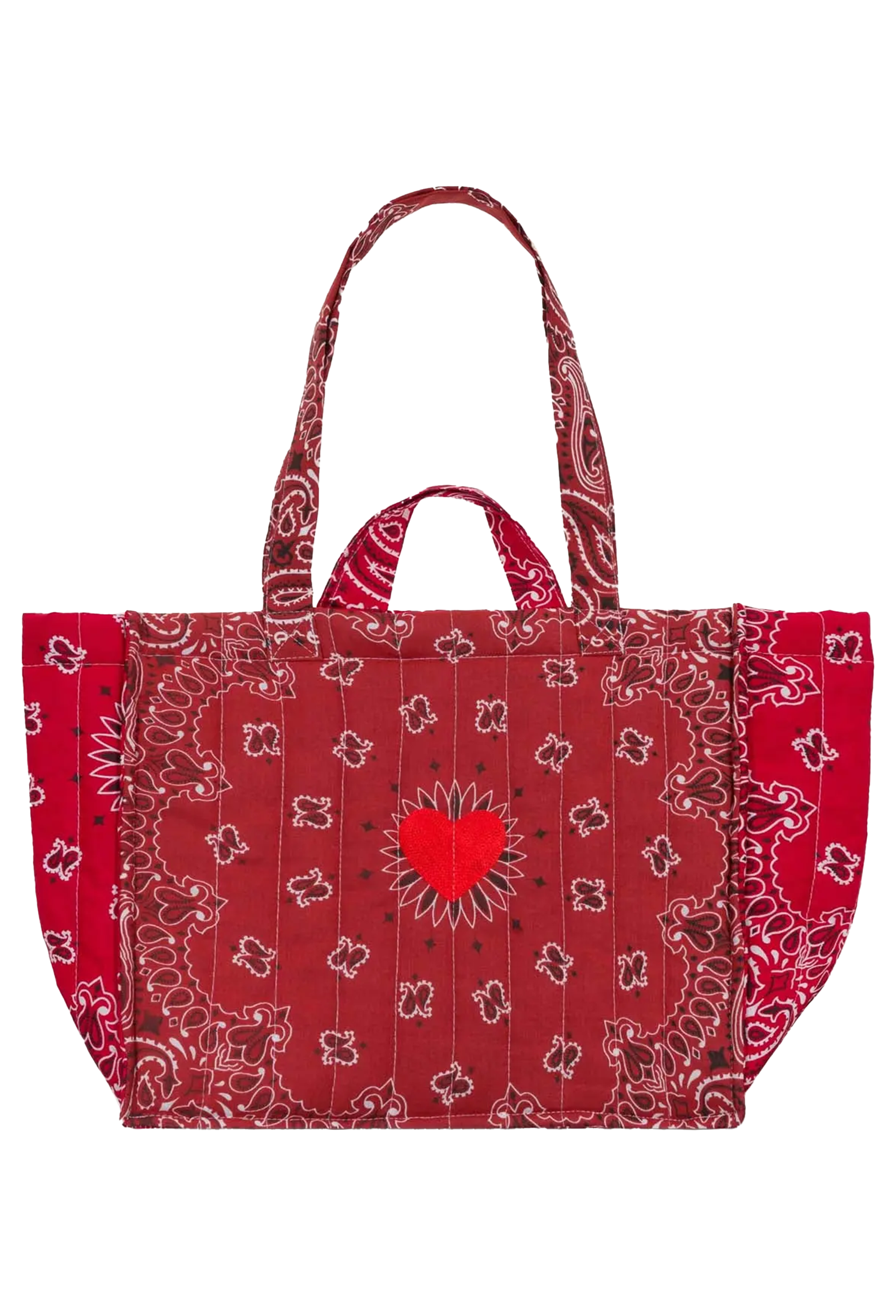 A red quilted tote bag featuring a bandana paisley pattern and a central red heart design, shown against a plain white background.