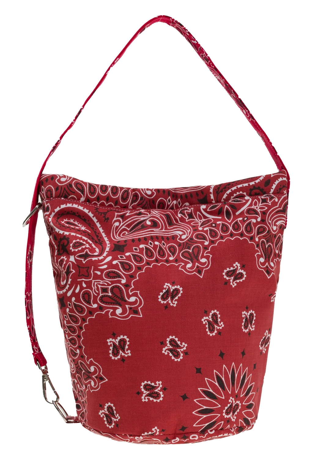 A red bandana-patterned fabric bucket bag with a matching shoulder strap and silver-tone metal hardware, shown against a plain white background.