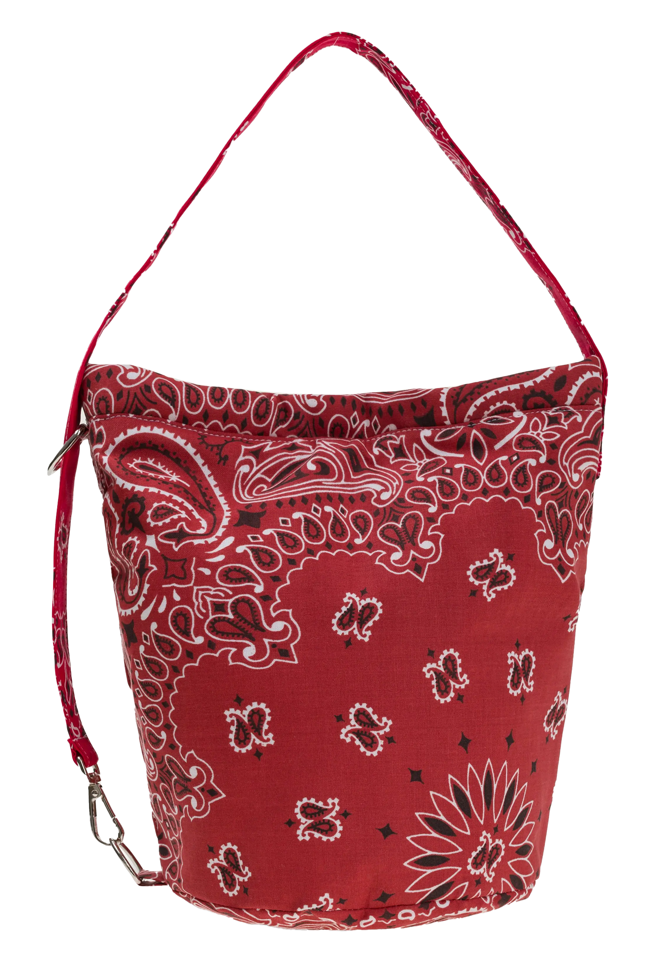 A red bandana-patterned fabric bucket bag with a matching shoulder strap and silver-tone metal hardware, shown against a plain white background.