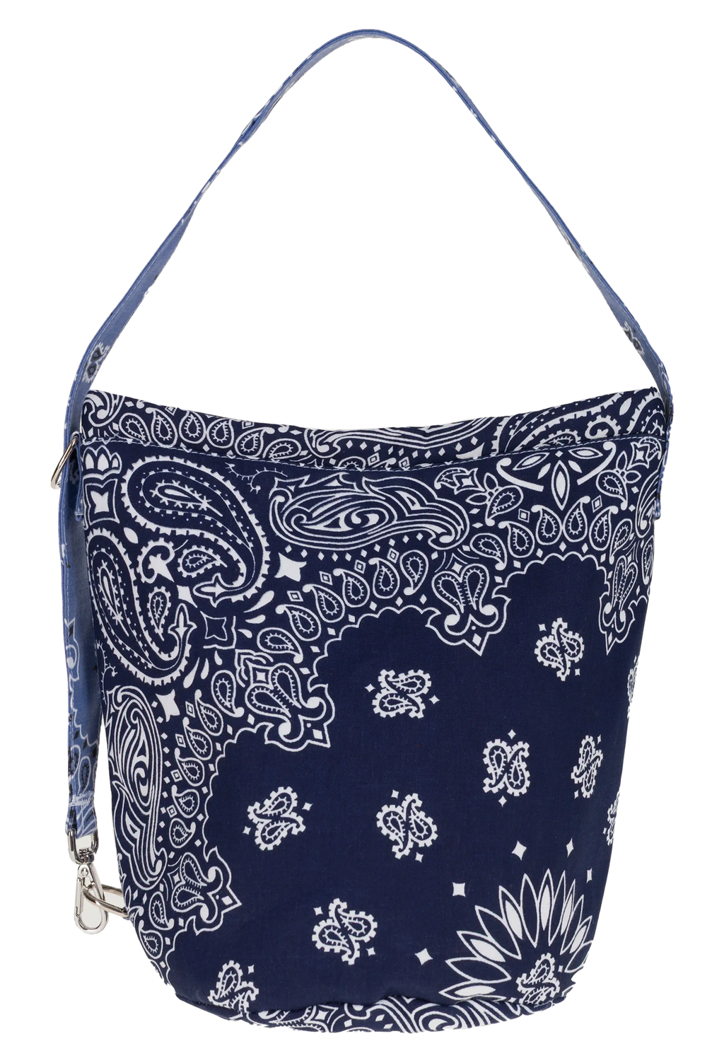 A navy blue and white paisley bandana-patterned shoulder bag with a matching adjustable shoulder strap and silver-tone hardware, shown on a plain white background.