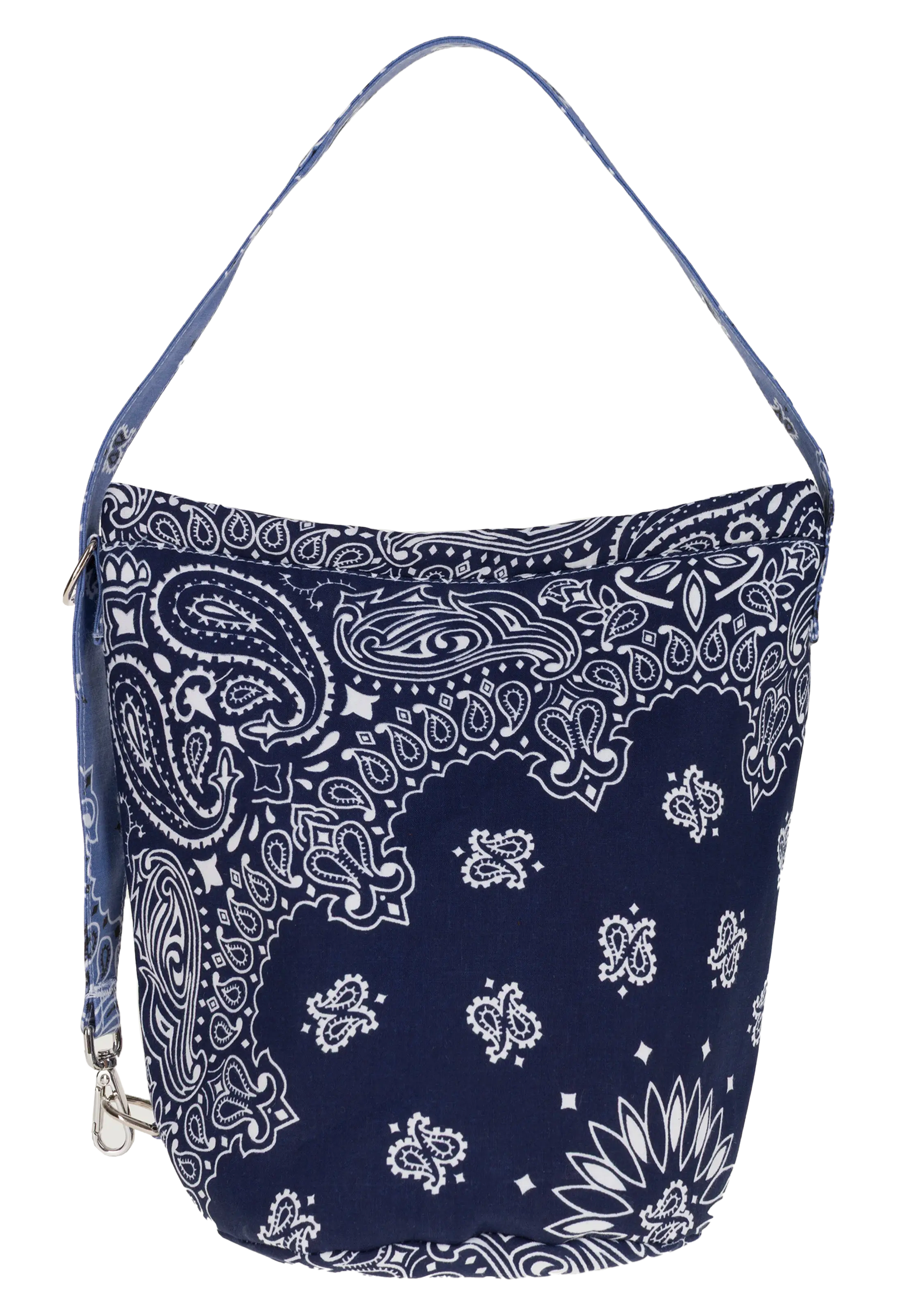 A navy blue and white paisley bandana-patterned shoulder bag with a matching adjustable shoulder strap and silver-tone hardware, shown on a plain white background.